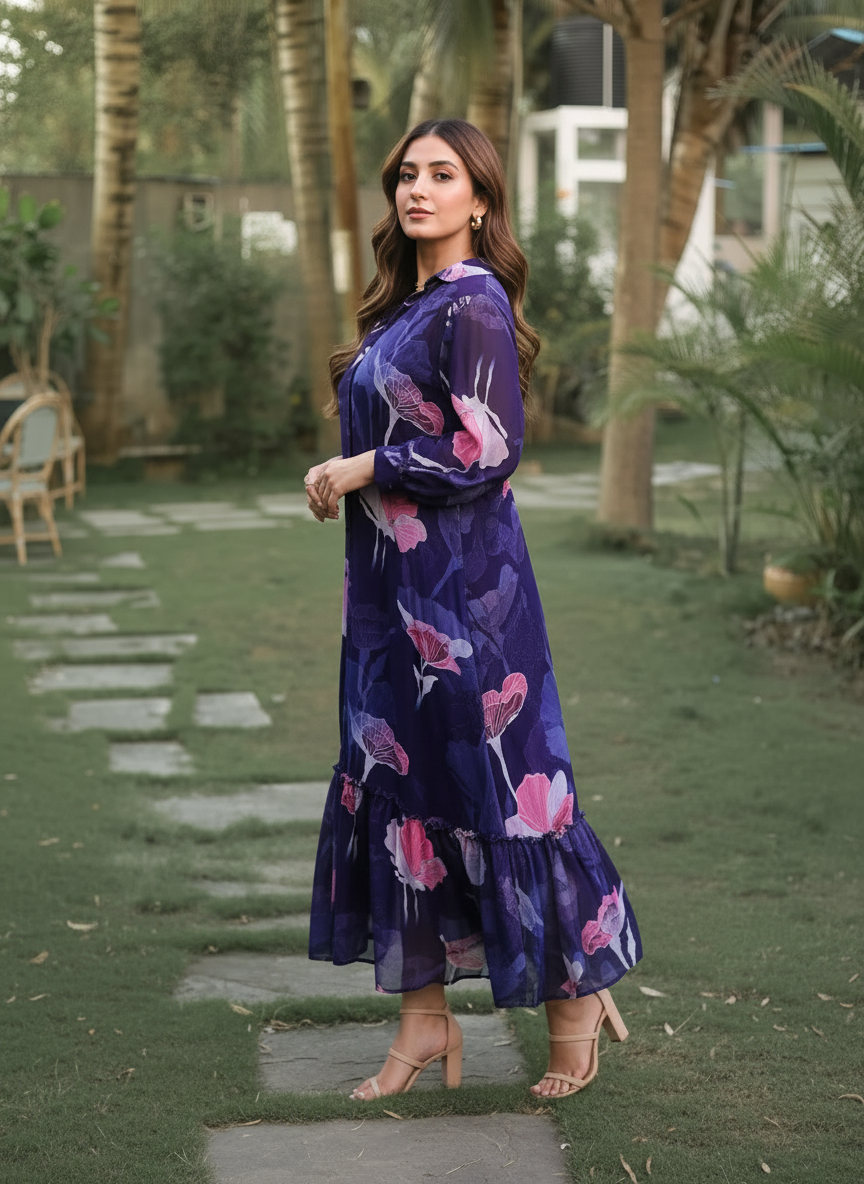 Midnight Bloom Frill-purple Dress