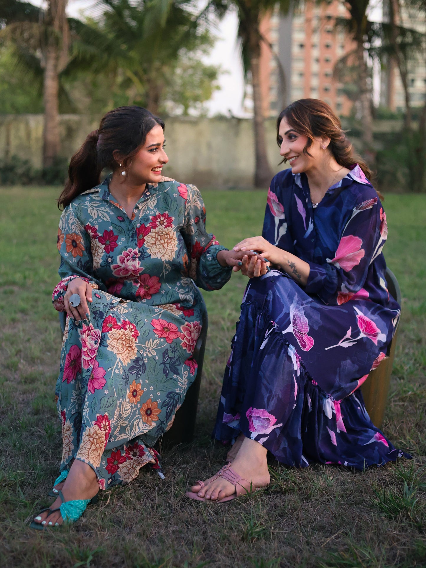 Teal Green Floral Chinnon Chiffon Dress