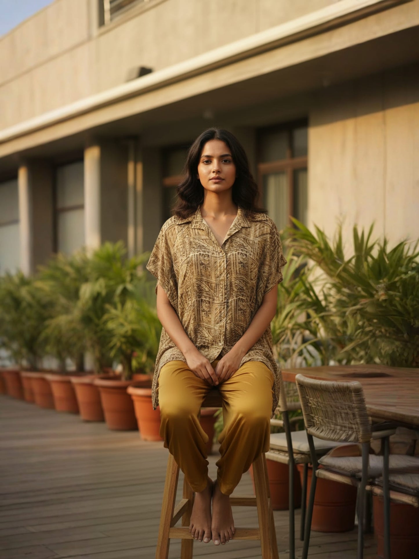 Yellow Draped Dhoti Set With Printed Shirt