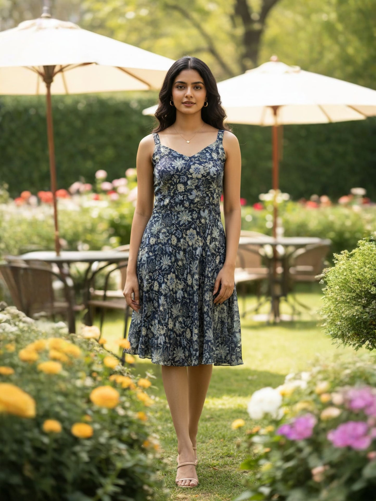 Navy Blue Floral Printed Strappy Short Dress
