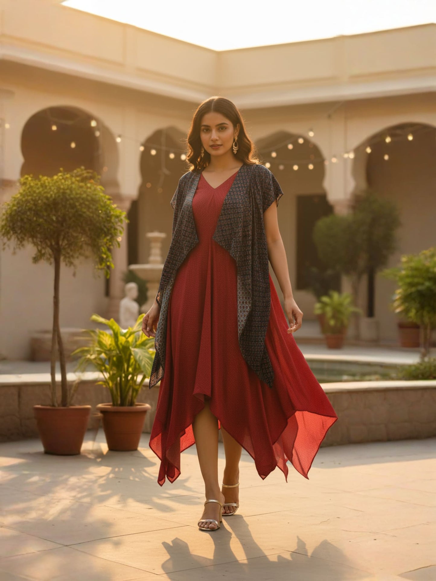 Red Drape Dress With Green Printed Cape