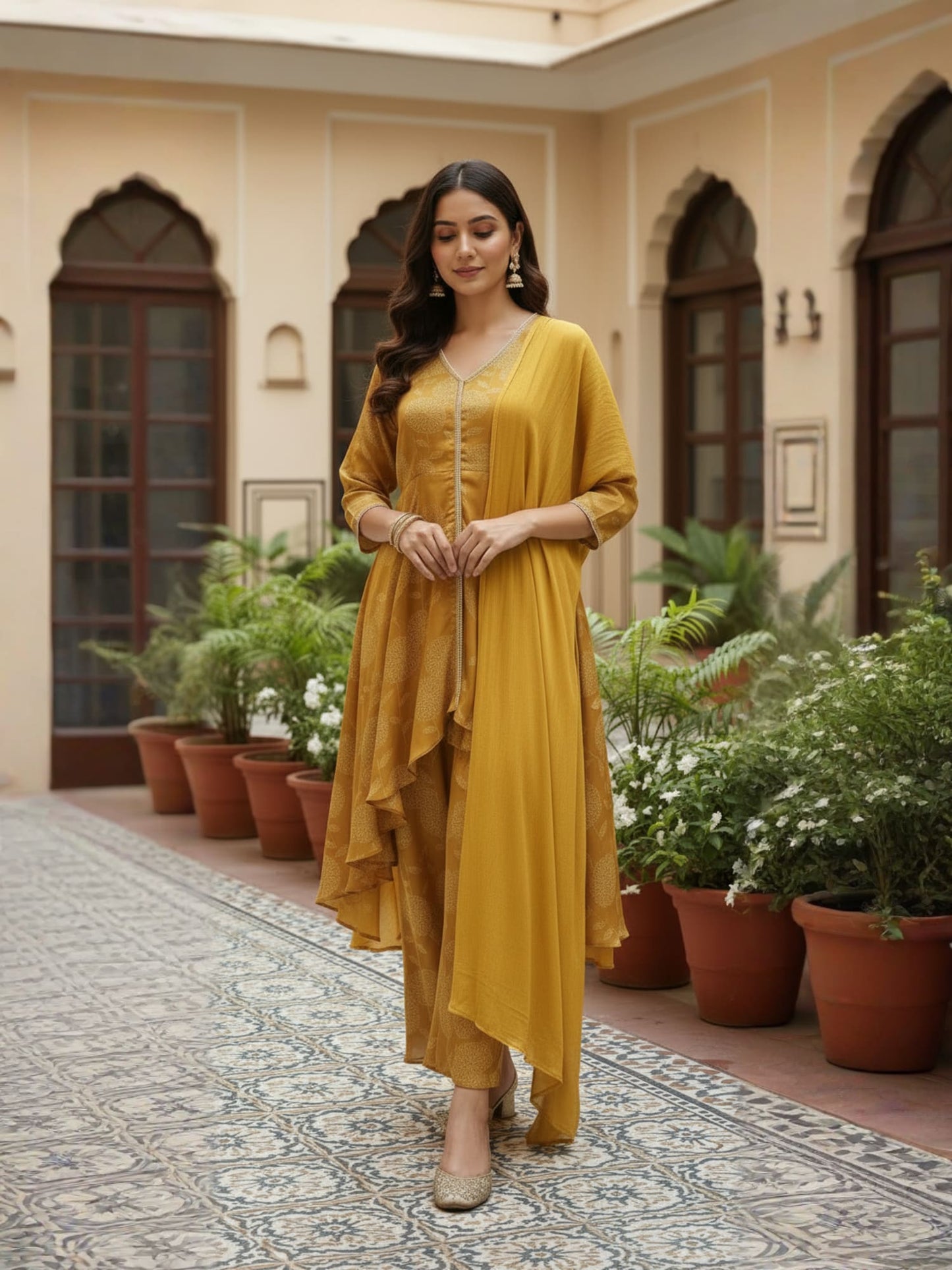 Yellow Asymmetric Kurta Set With Flared Palazzo And Chiffon Dupatta