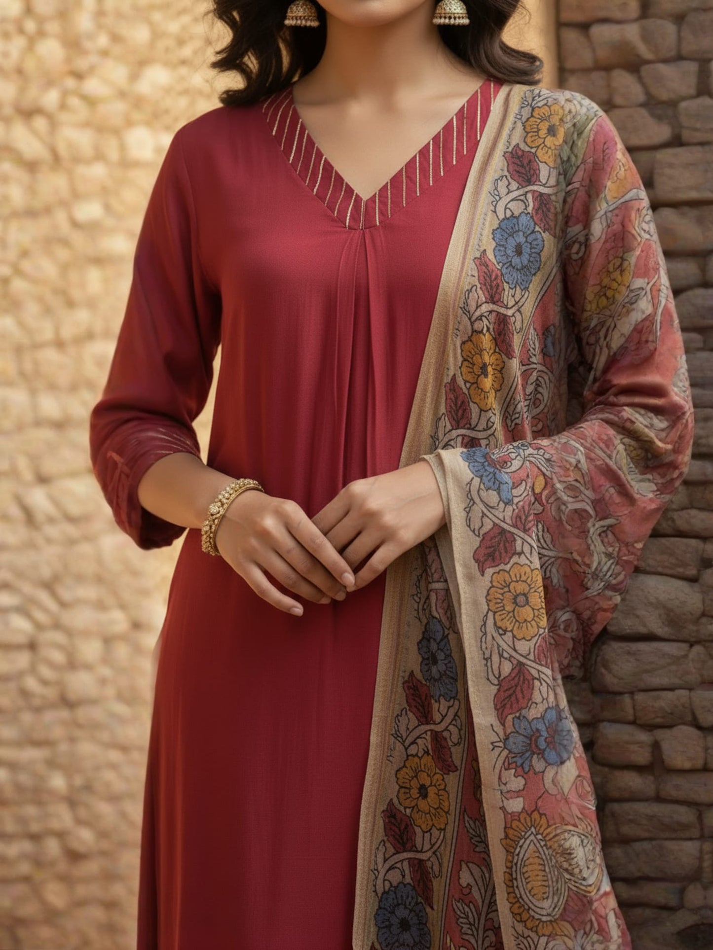 Crimson Red Cotton Kurta Set With Printed Dupatta