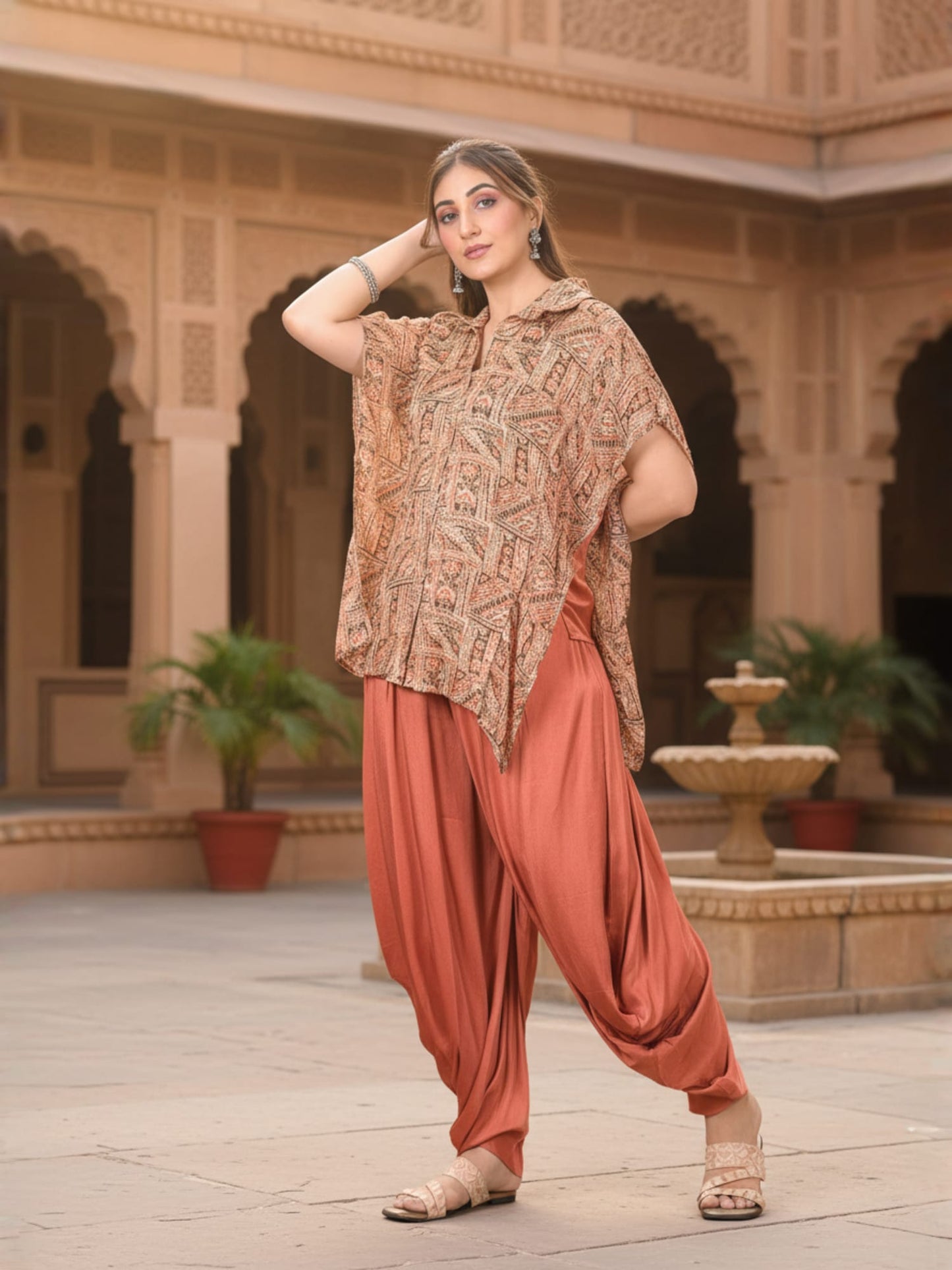Rust Draped Dhoti Set With Printed Shirt