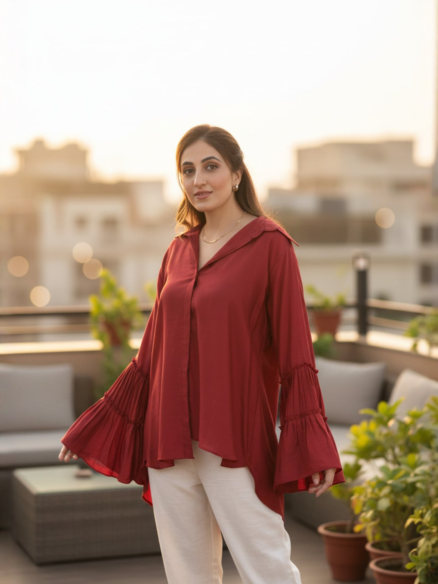 Red Shirt With Bell Flared Sleeves