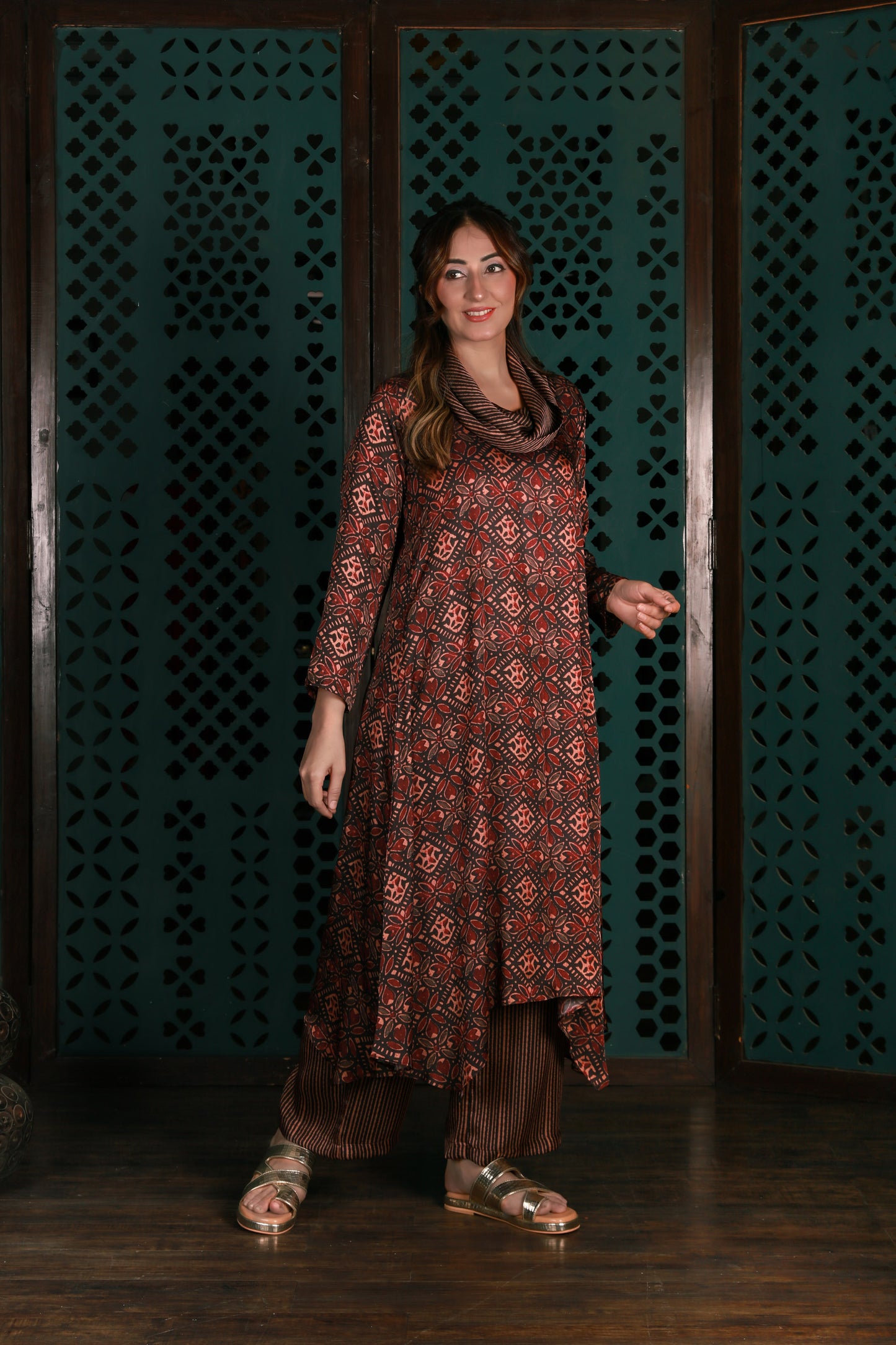 Brown Cowl Neck Printed Co-ord Set