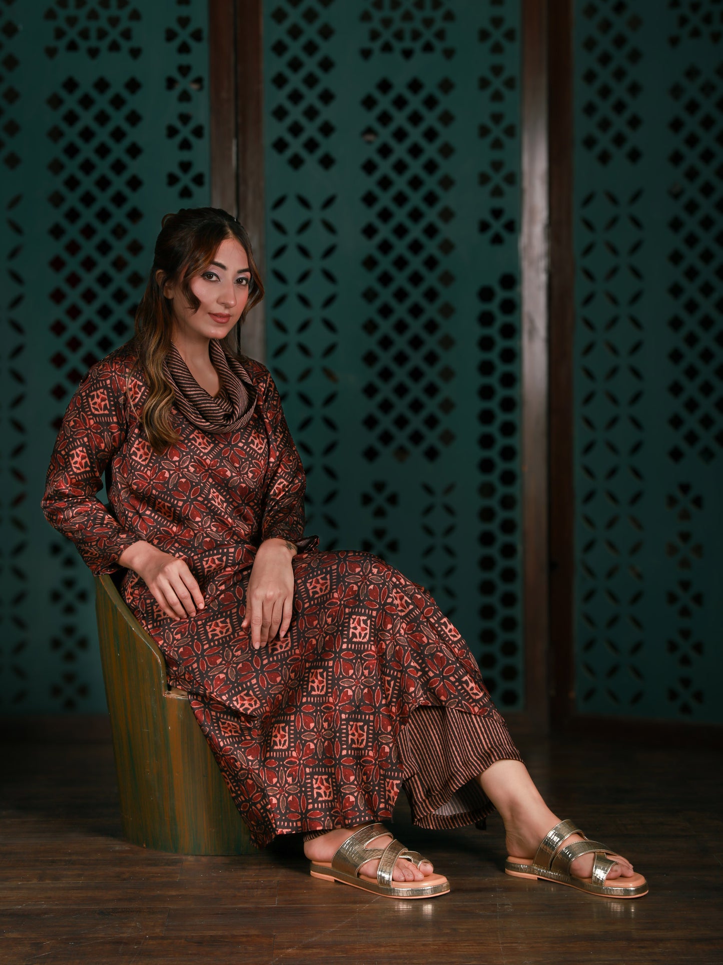 Brown Cowl Neck Printed Co-ord Set