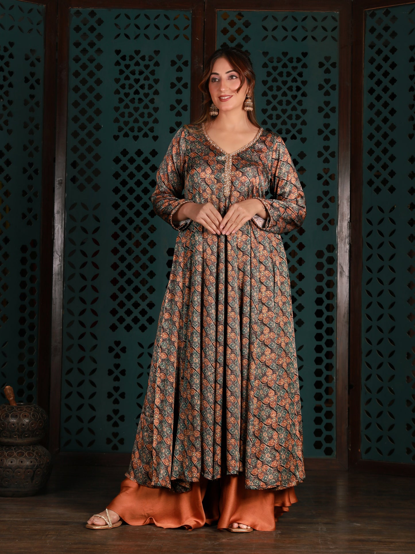 Printed Anarkali Kurta With Gold Pants