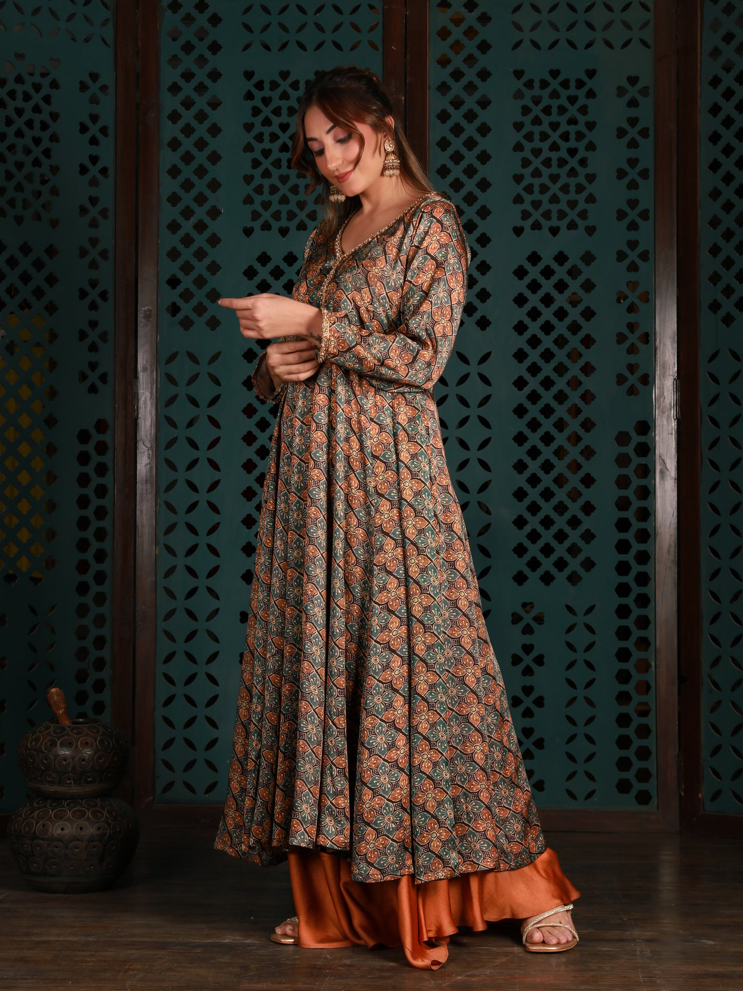 Printed Anarkali Kurta With Gold Pants