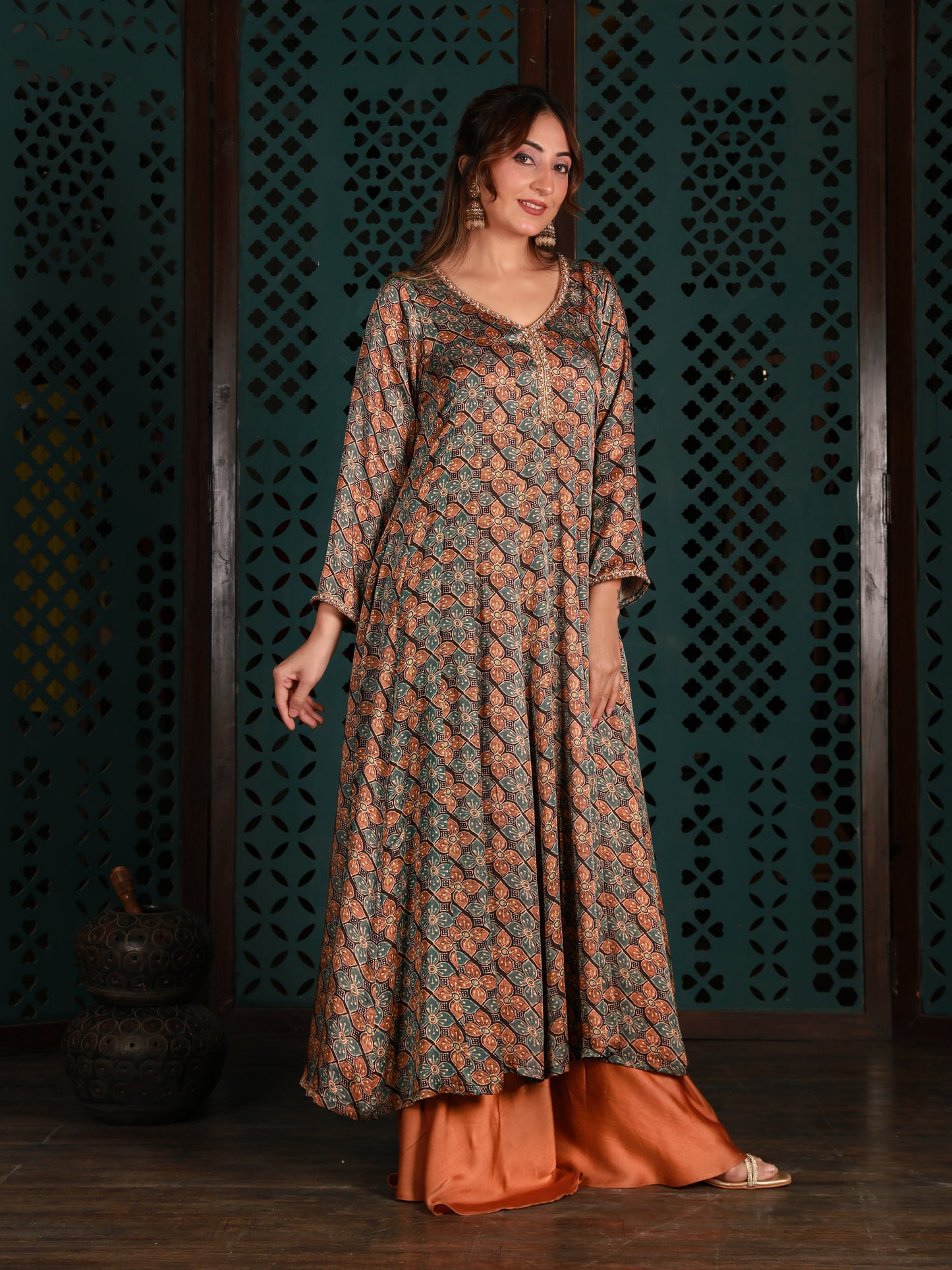Printed Anarkali Kurta With Gold Pants