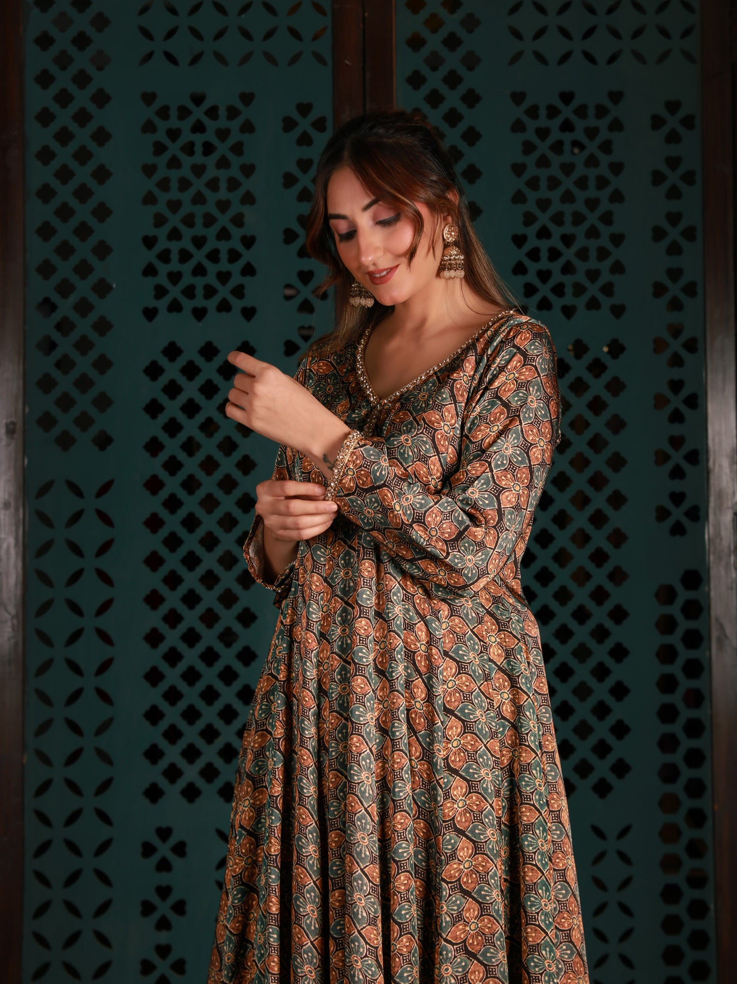 Printed Anarkali Kurta With Gold Pants