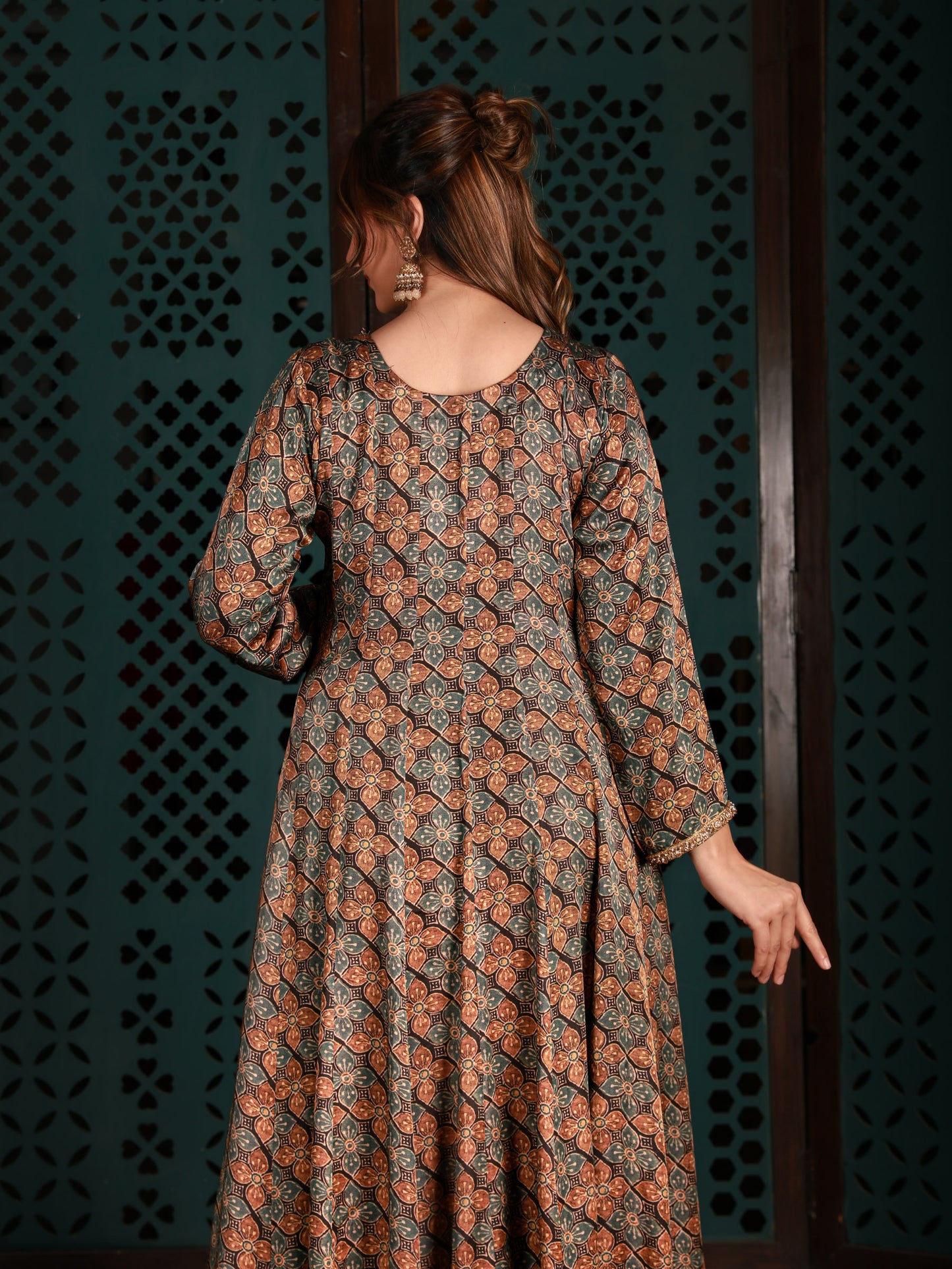 Printed Anarkali Kurta With Gold Pants