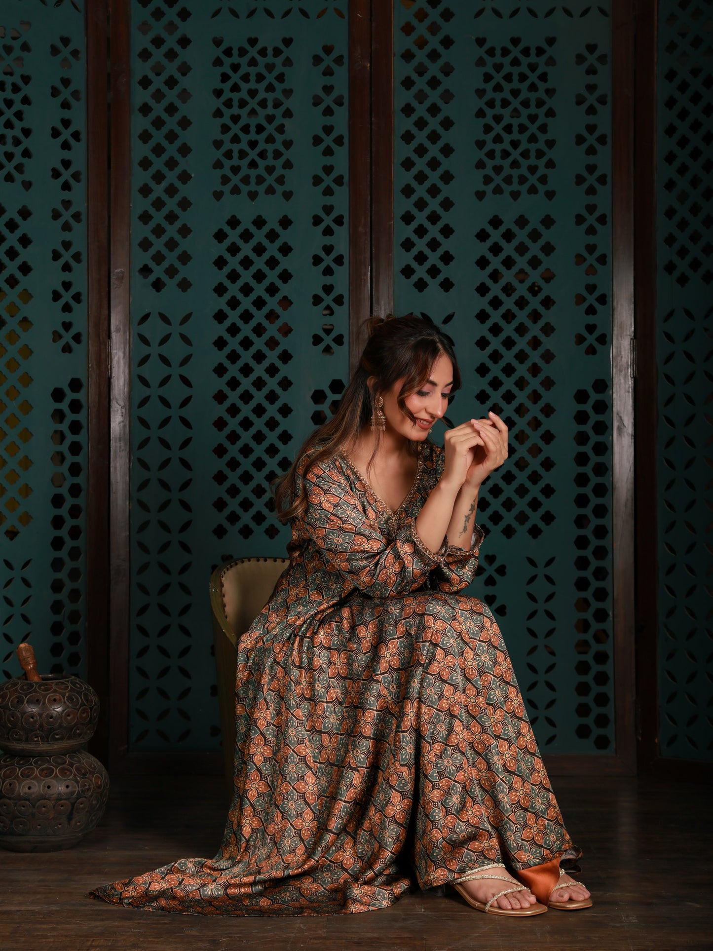 Printed Anarkali Kurta With Gold Pants