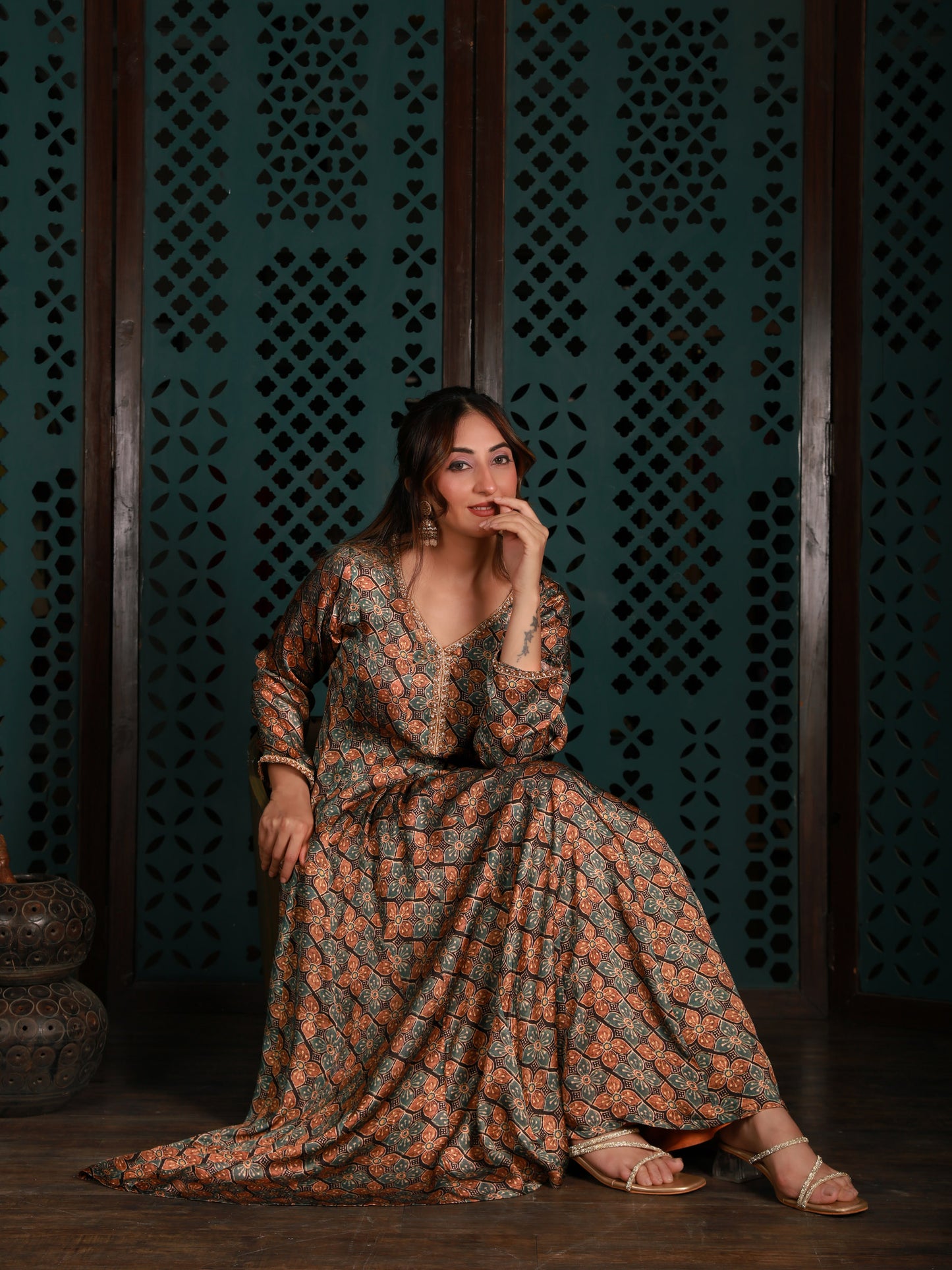 Printed Anarkali Kurta With Gold Pants