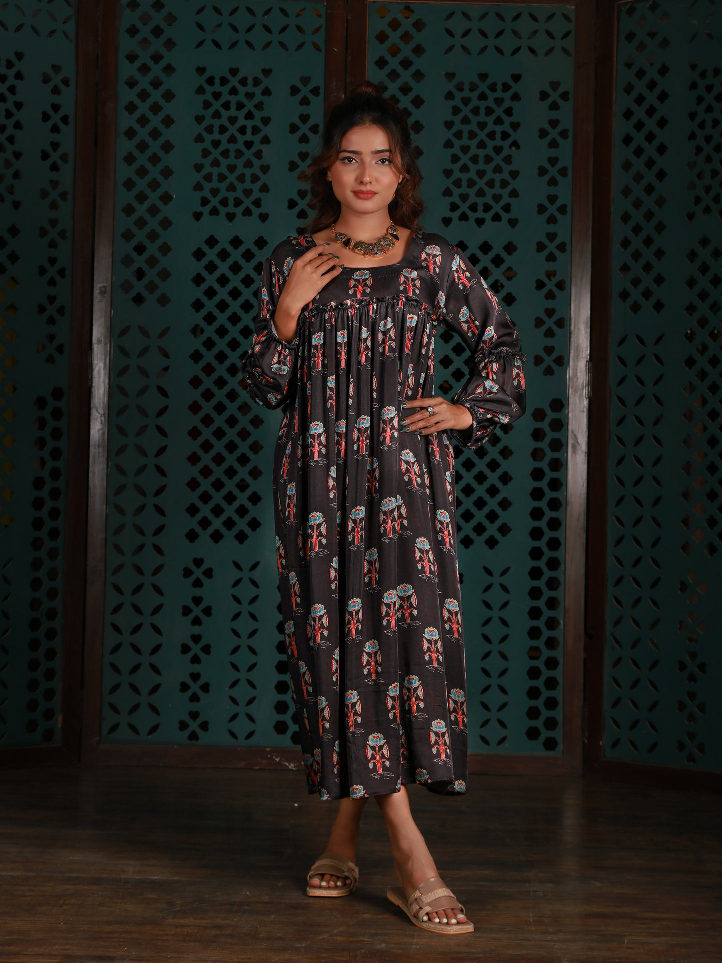 Black Gathered Yoke Dress