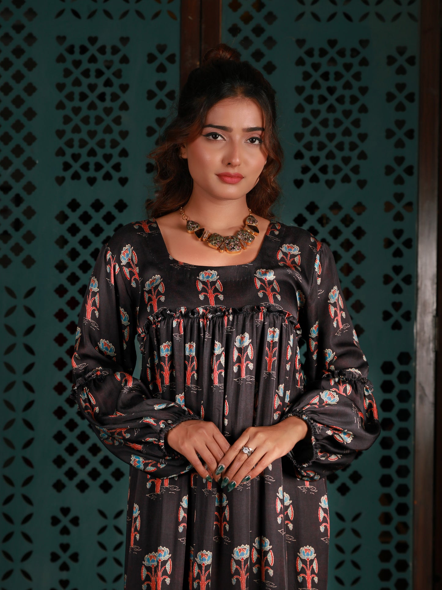 Black Gathered Yoke Dress