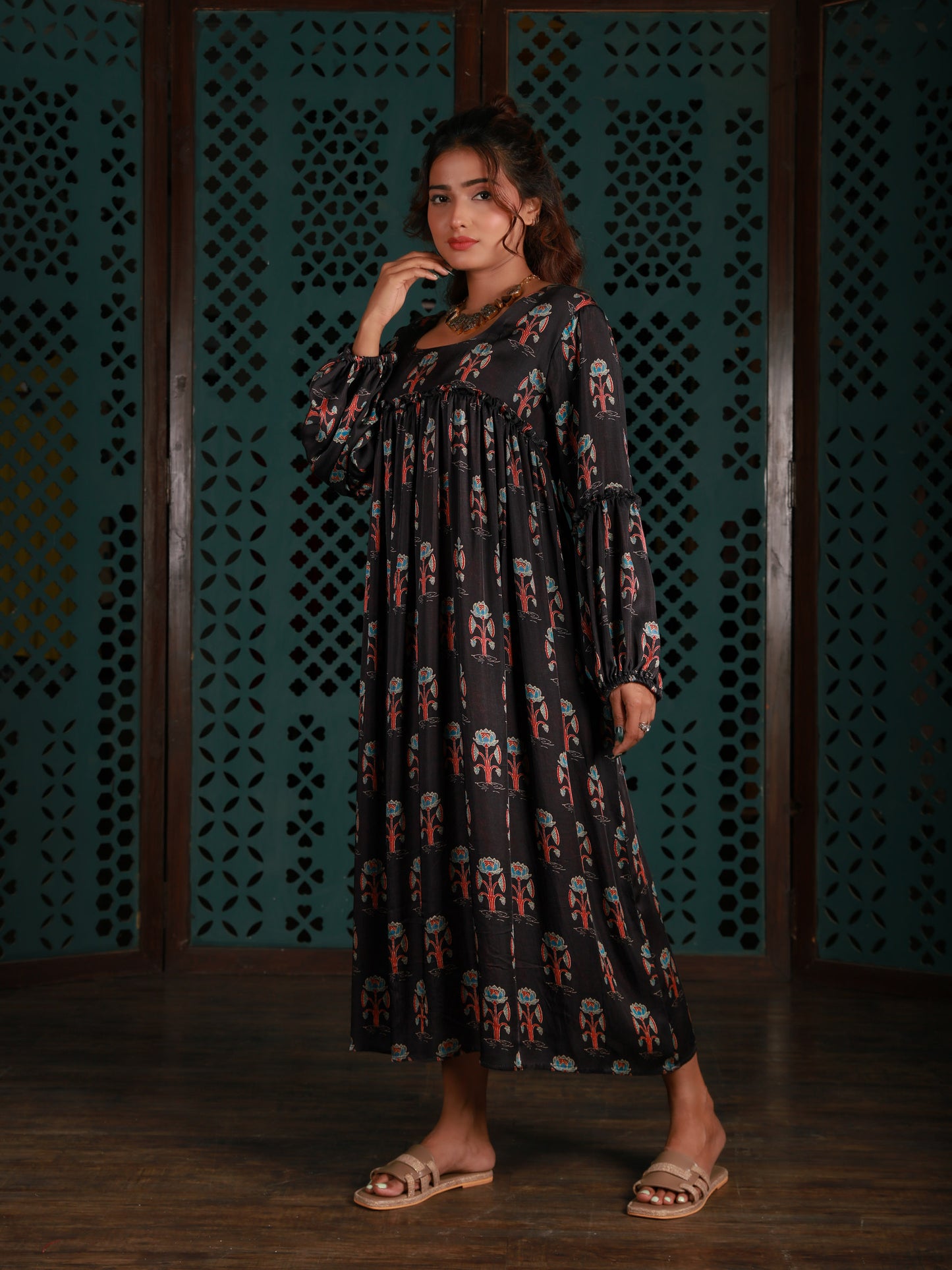 Black Gathered Yoke Dress
