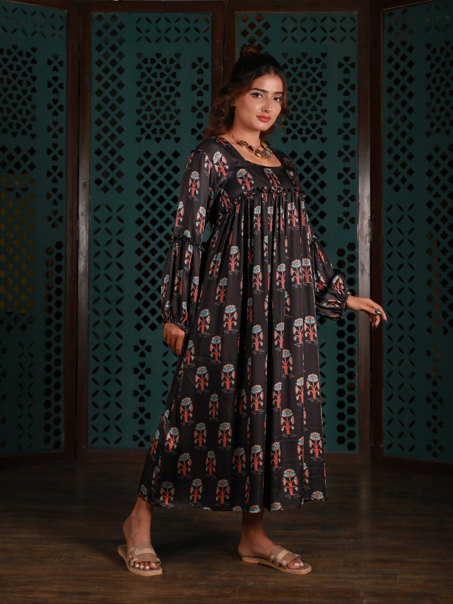 Black Gathered Yoke Dress