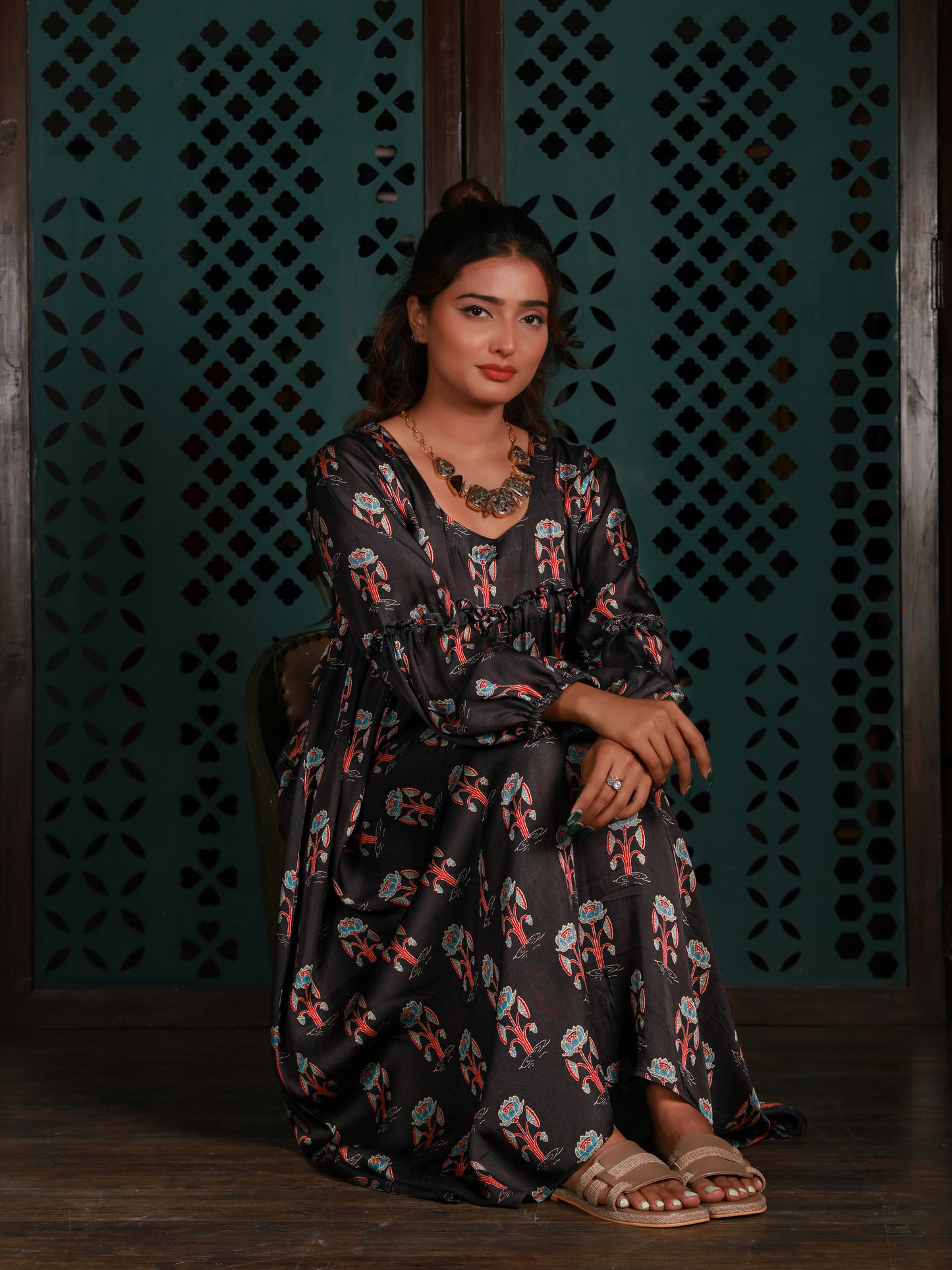 Black Gathered Yoke Dress
