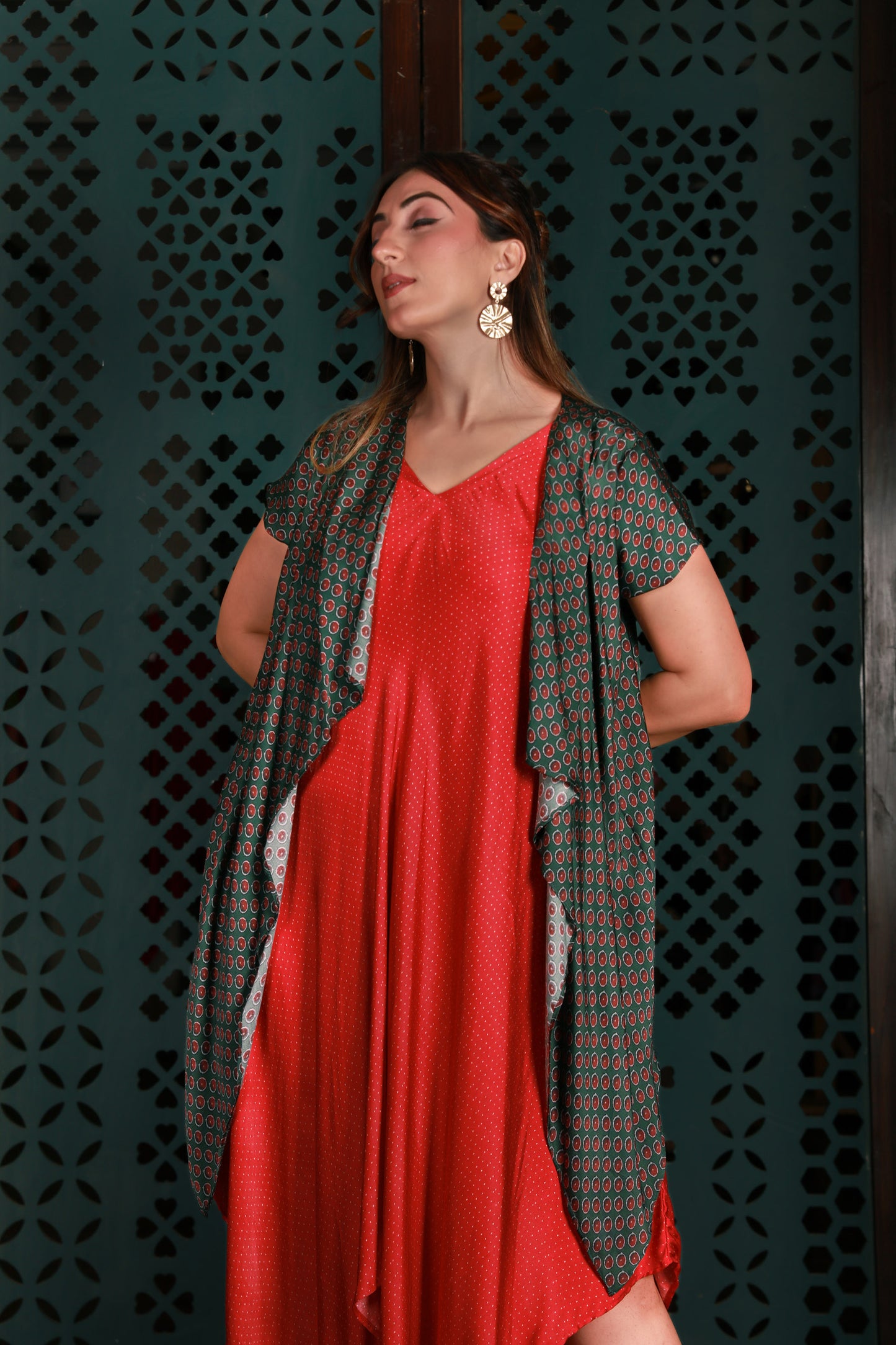 Red Drape Dress With Green Printed Cape