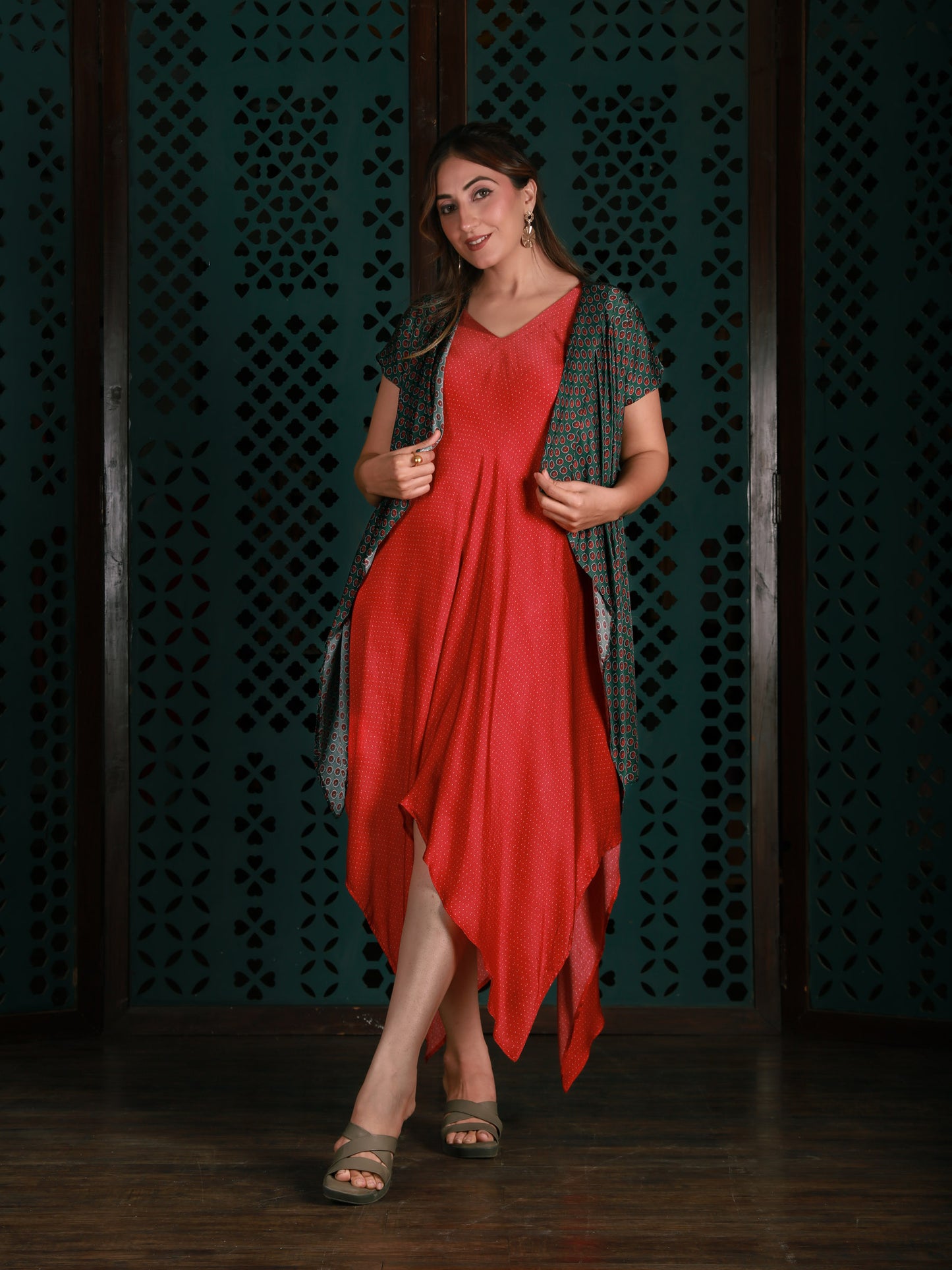 Red Drape Dress With Green Printed Cape