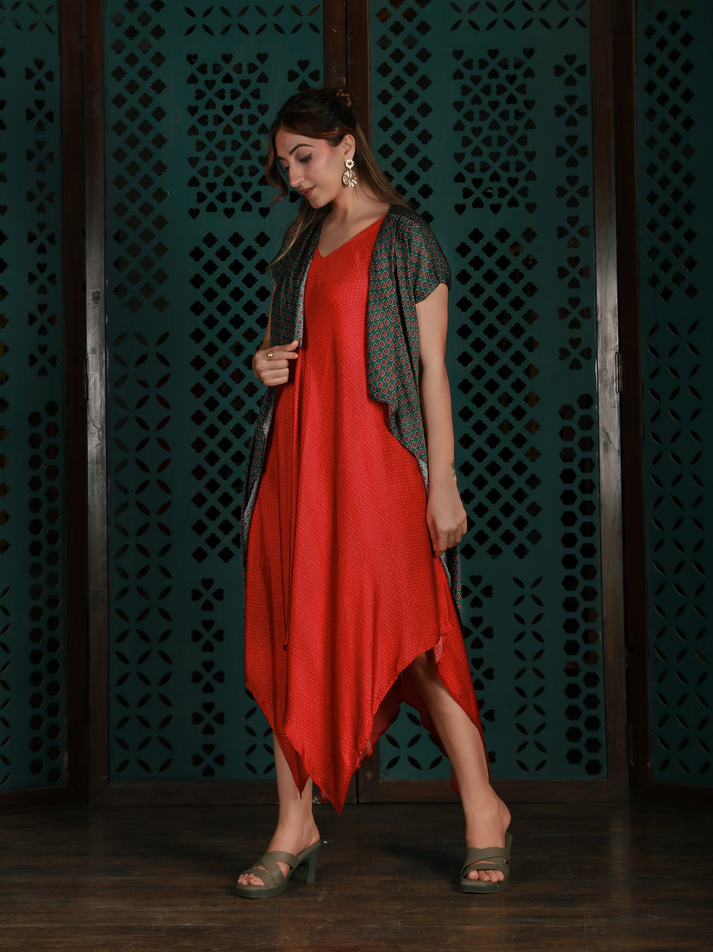Red Drape Dress With Green Printed Cape