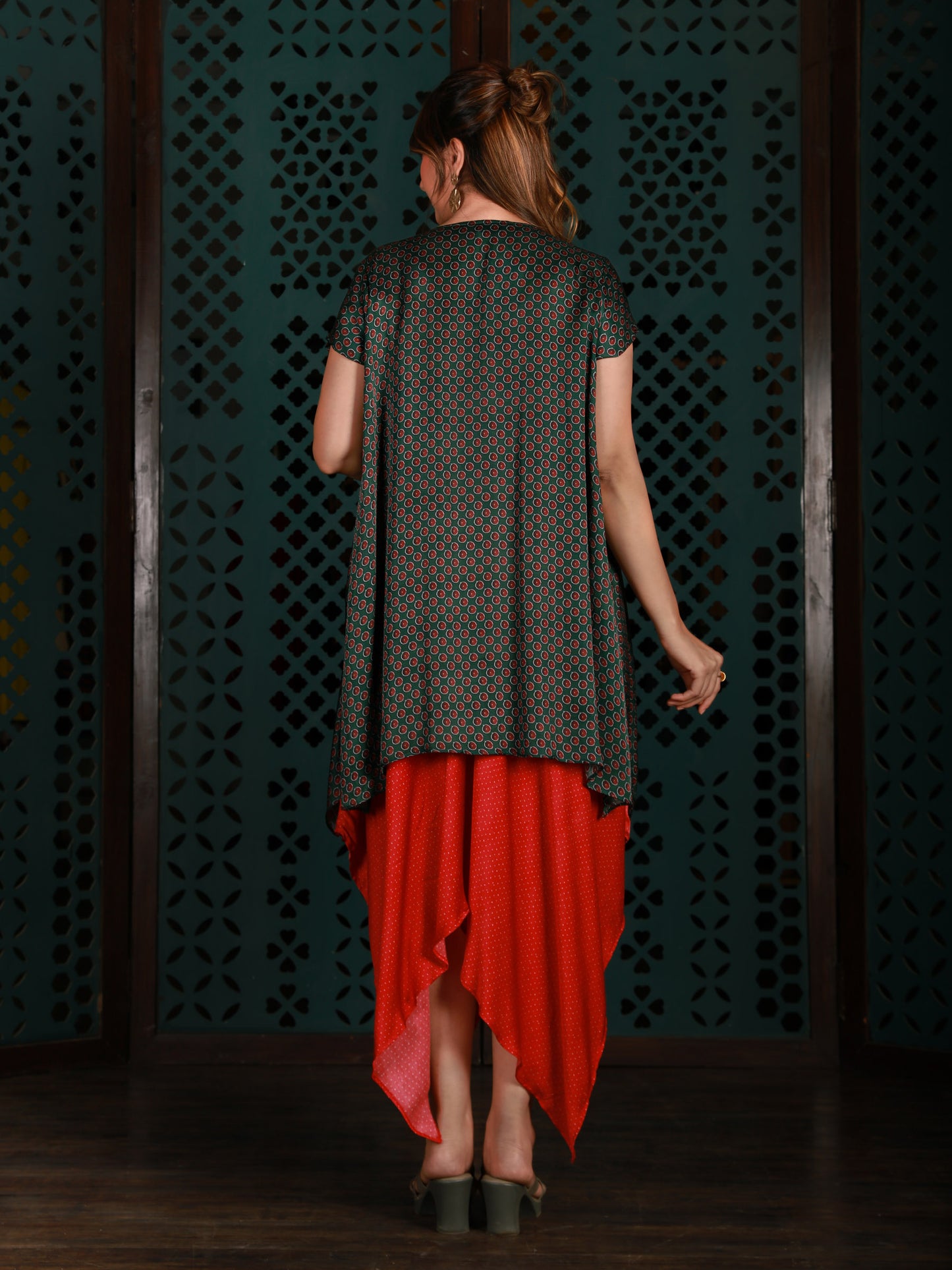 Red Drape Dress With Green Printed Cape