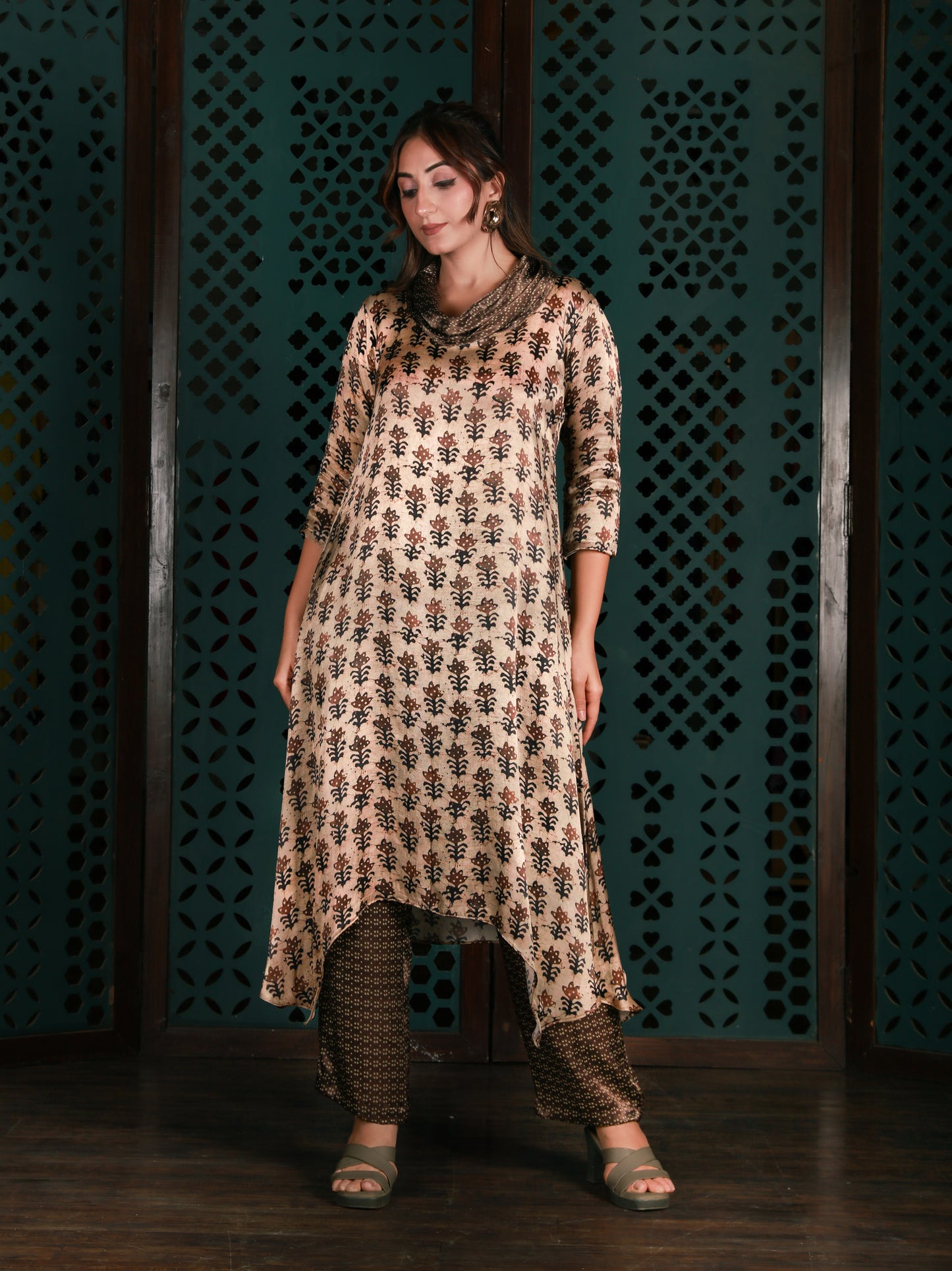 Beige Cowl Neck Printed Co-ord Set