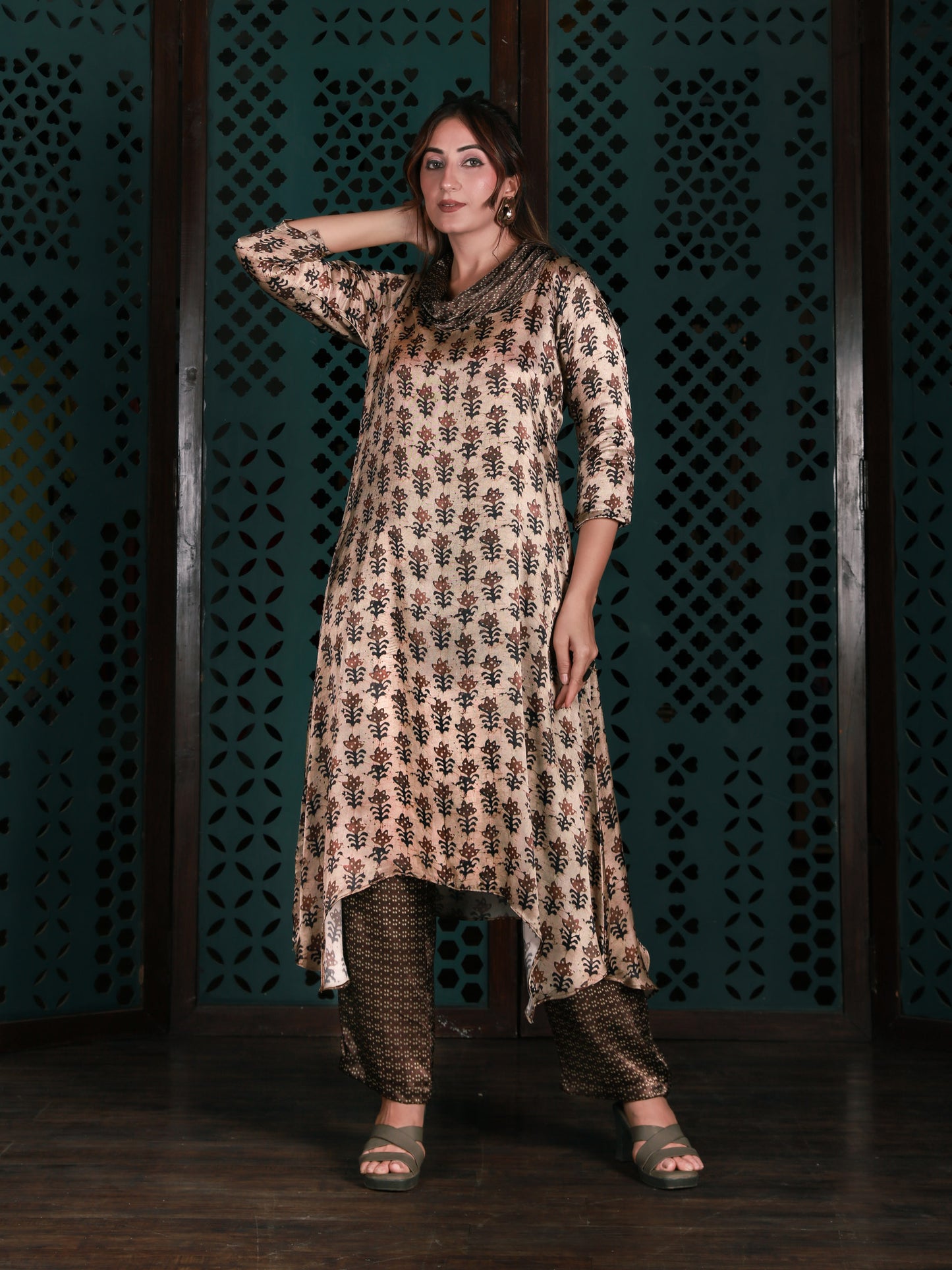 Beige Cowl Neck Printed Co-ord Set