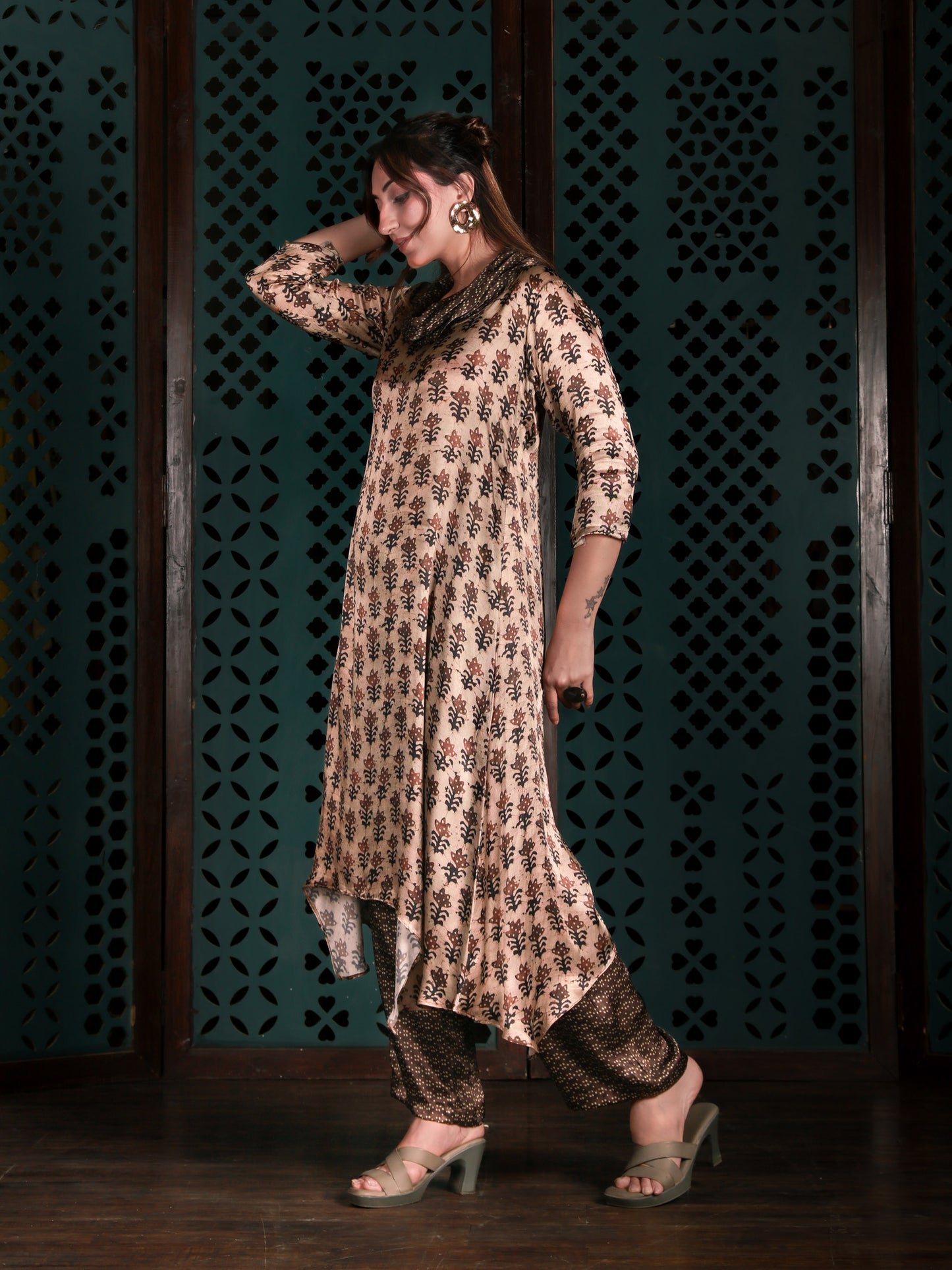 Beige Cowl Neck Printed Co-ord Set