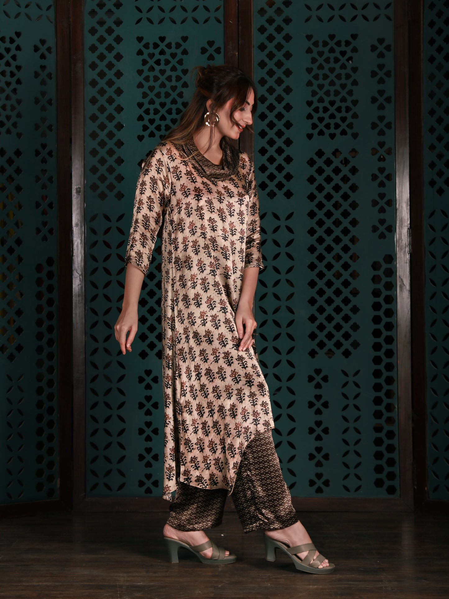 Beige Cowl Neck Printed Co-ord Set