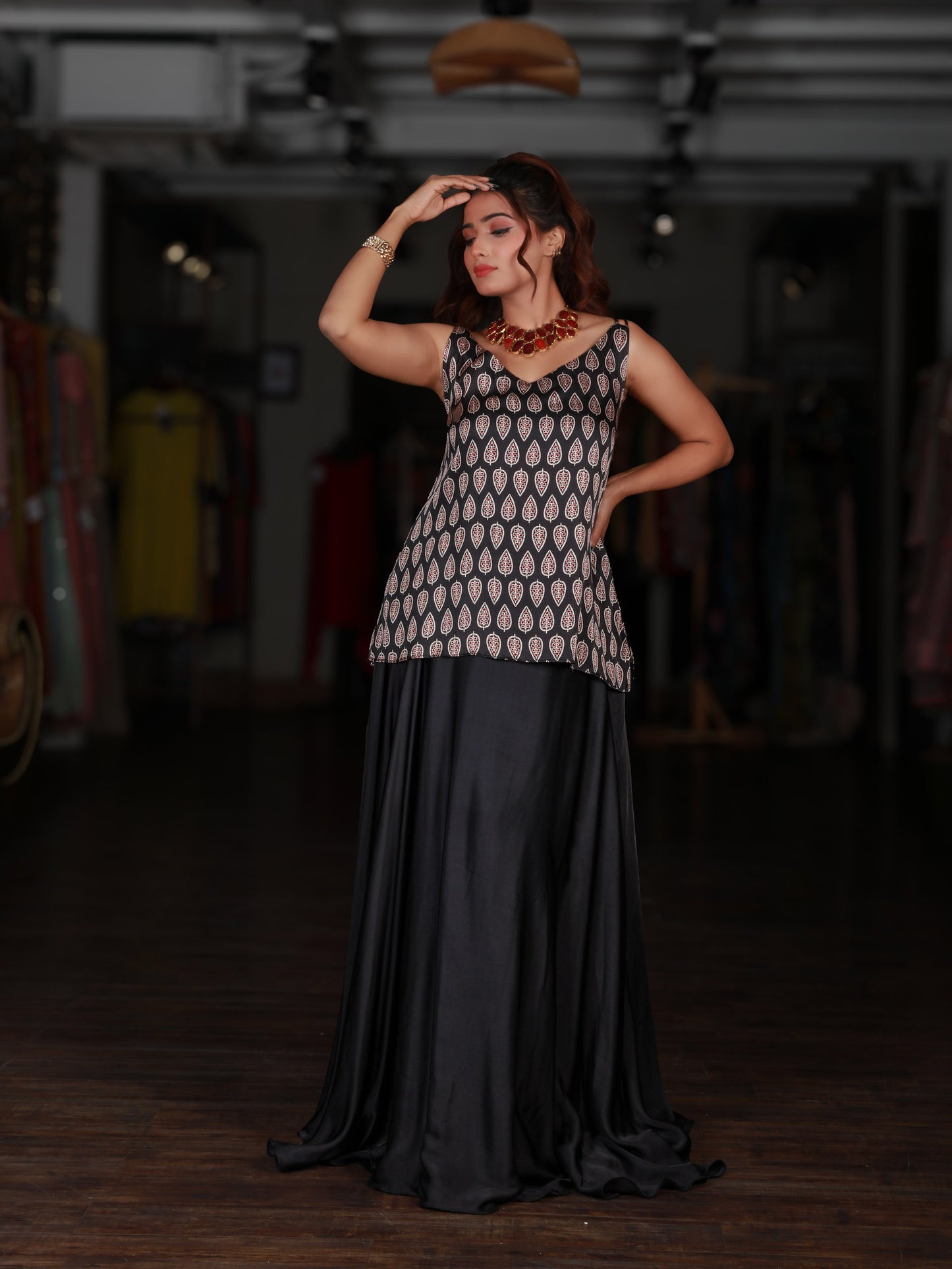 Black Printed Spaghetti Top And Skirt Set
