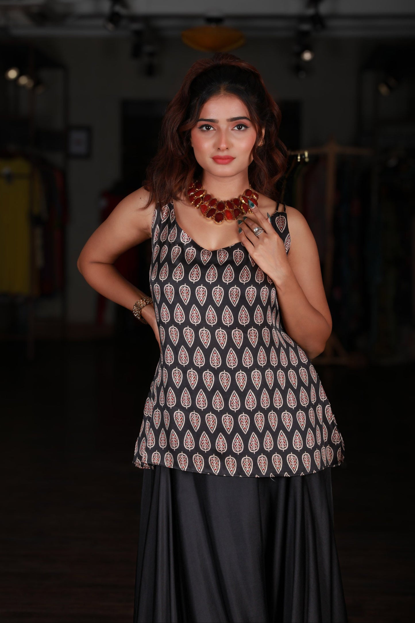 Black Printed Spaghetti Top And Skirt Set