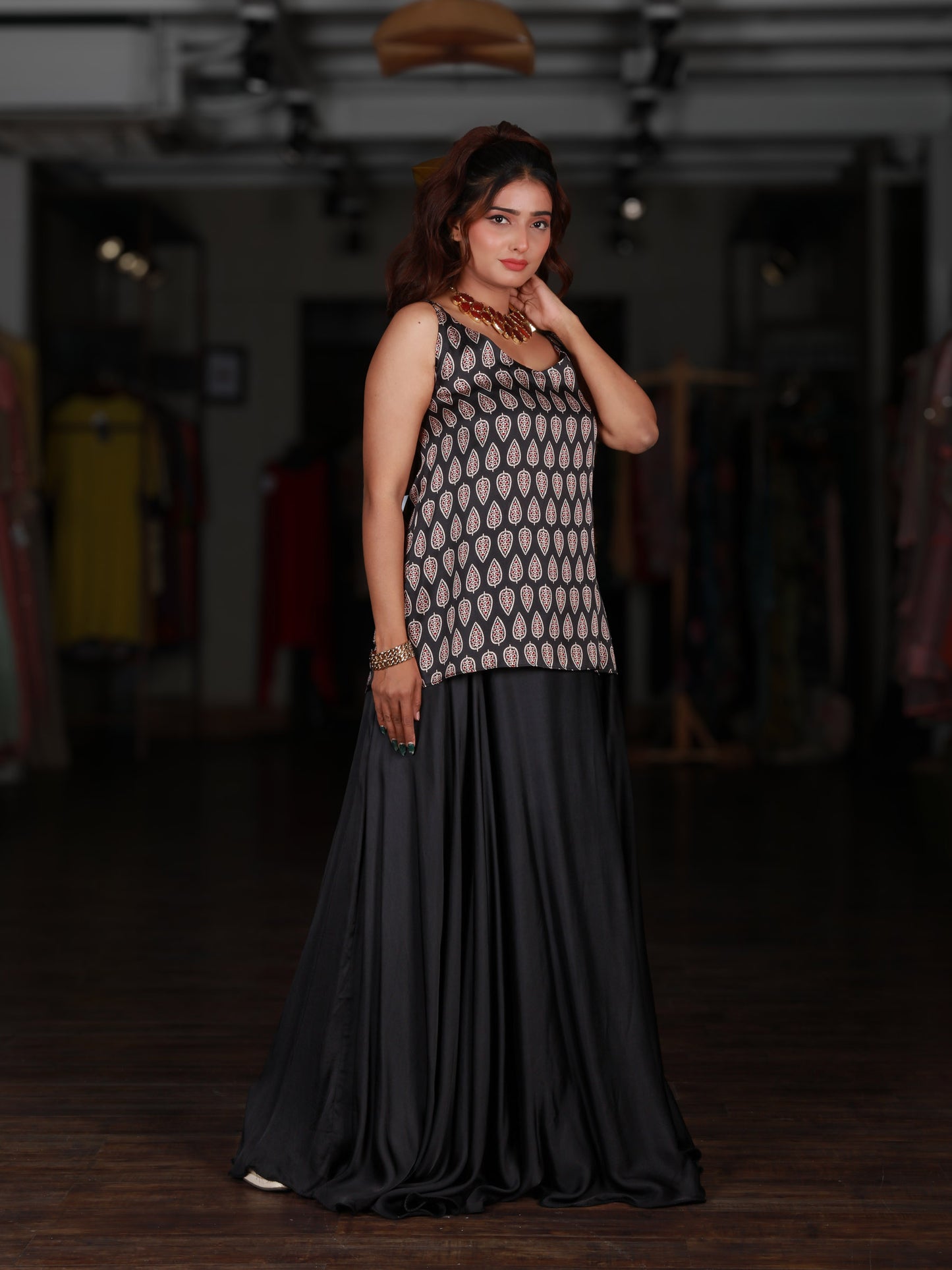 Black Printed Spaghetti Top And Skirt Set