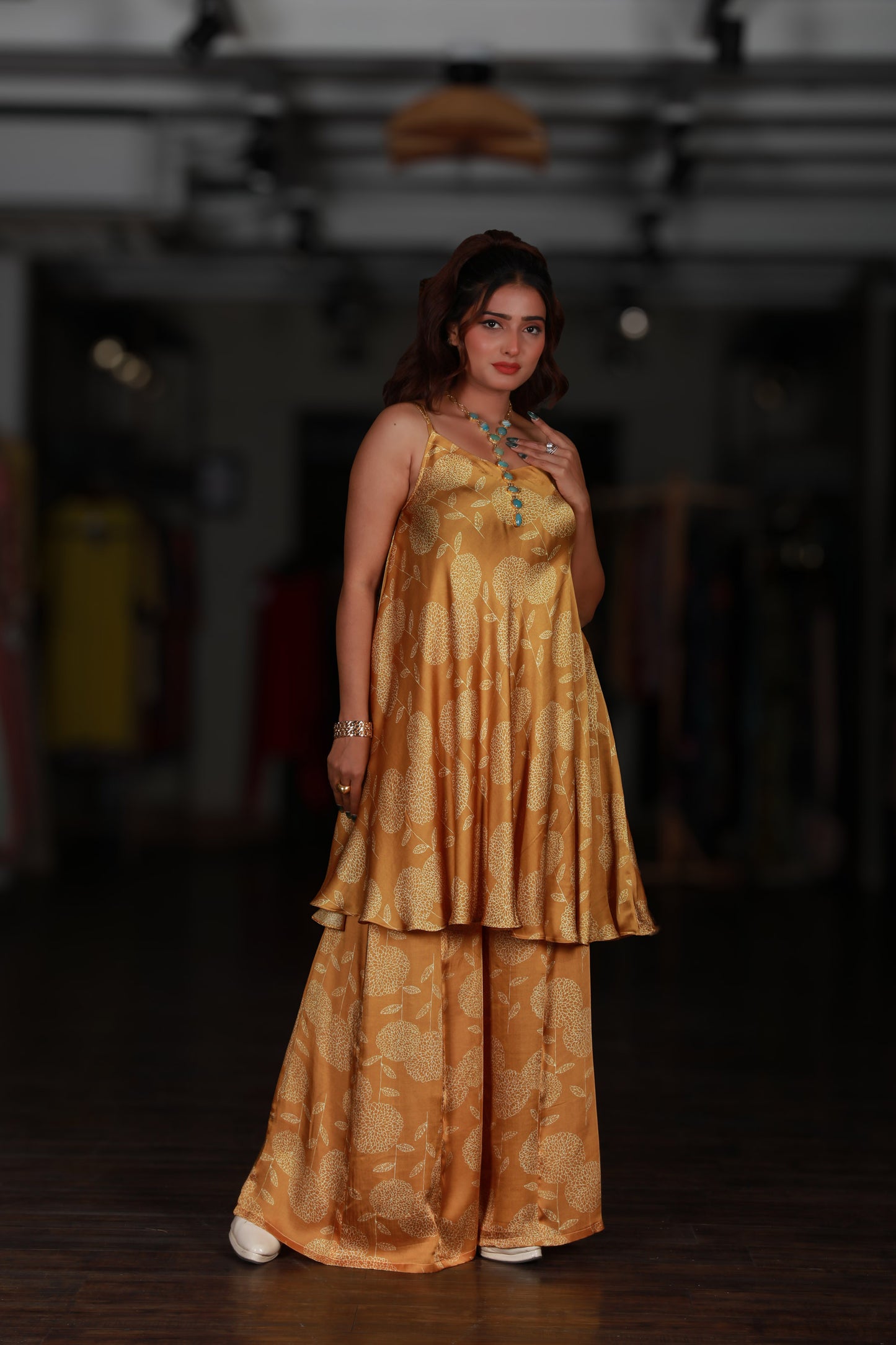 Yellow Floral Flared Spaghetti Dress With Pallazo