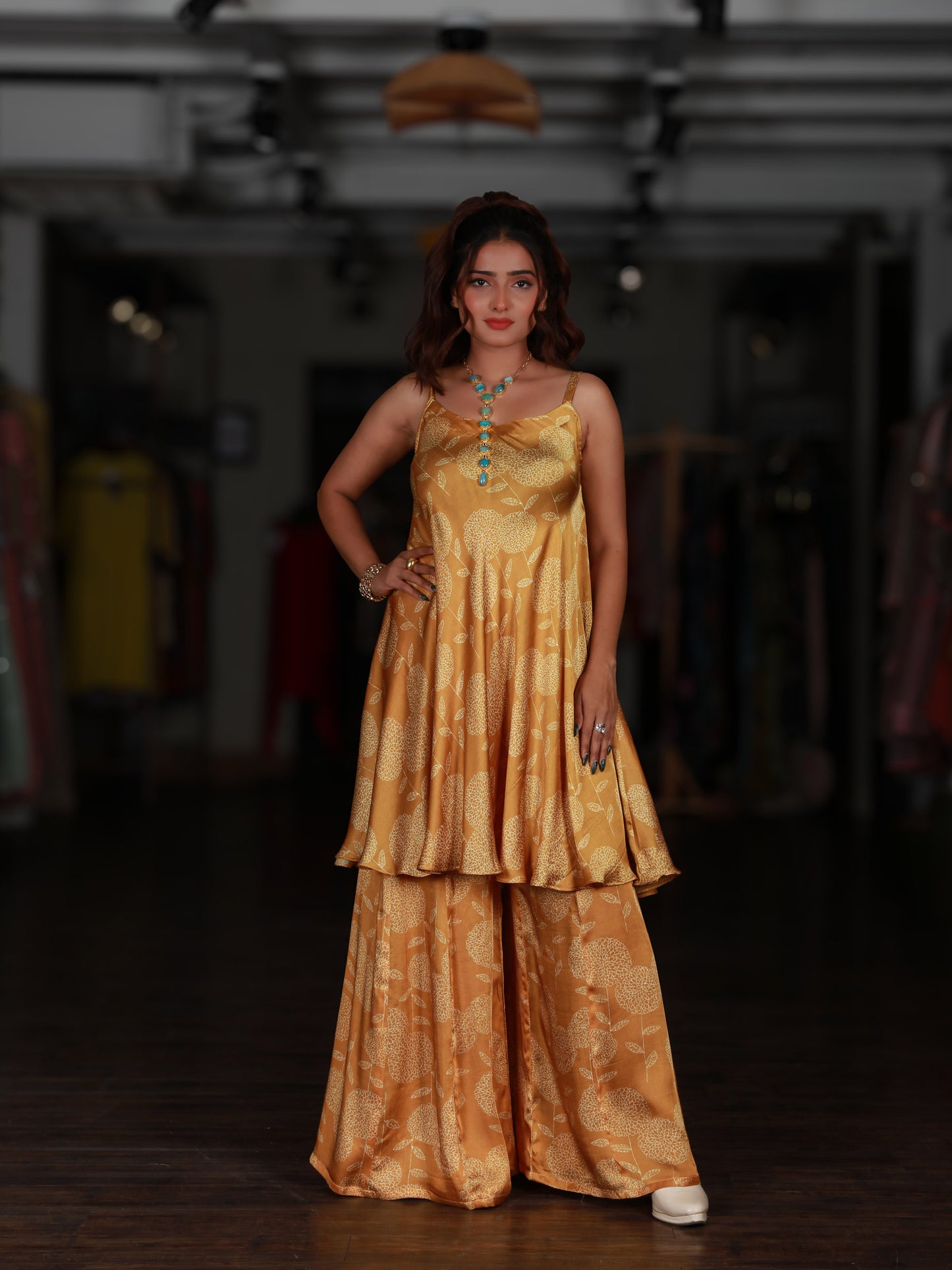 Yellow Floral Flared Spaghetti Dress With Pallazo