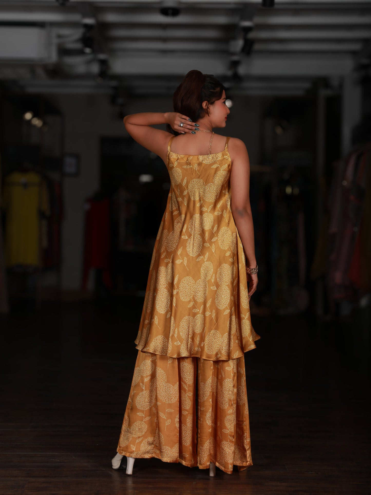 Yellow Floral Flared Spaghetti Dress With Pallazo