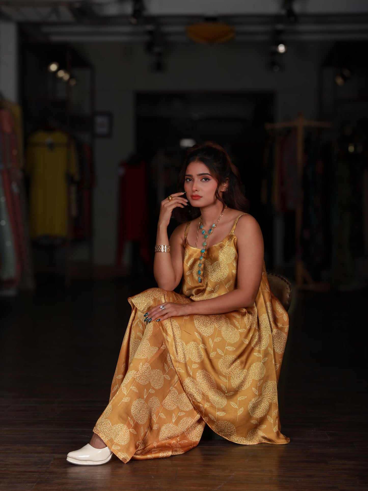Yellow Floral Flared Spaghetti Dress With Pallazo