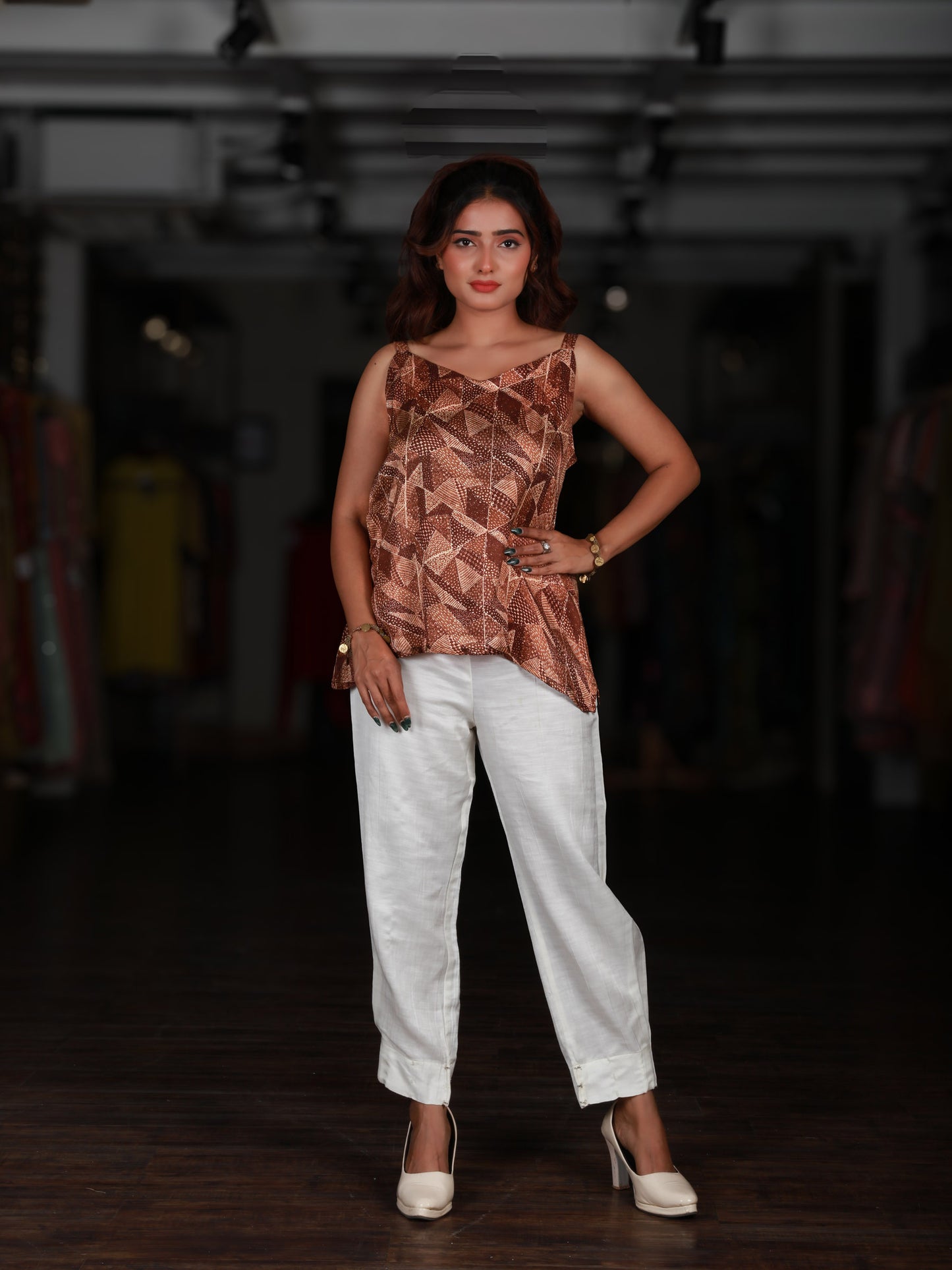 Abstract Geometric Brown Sleeveless Top