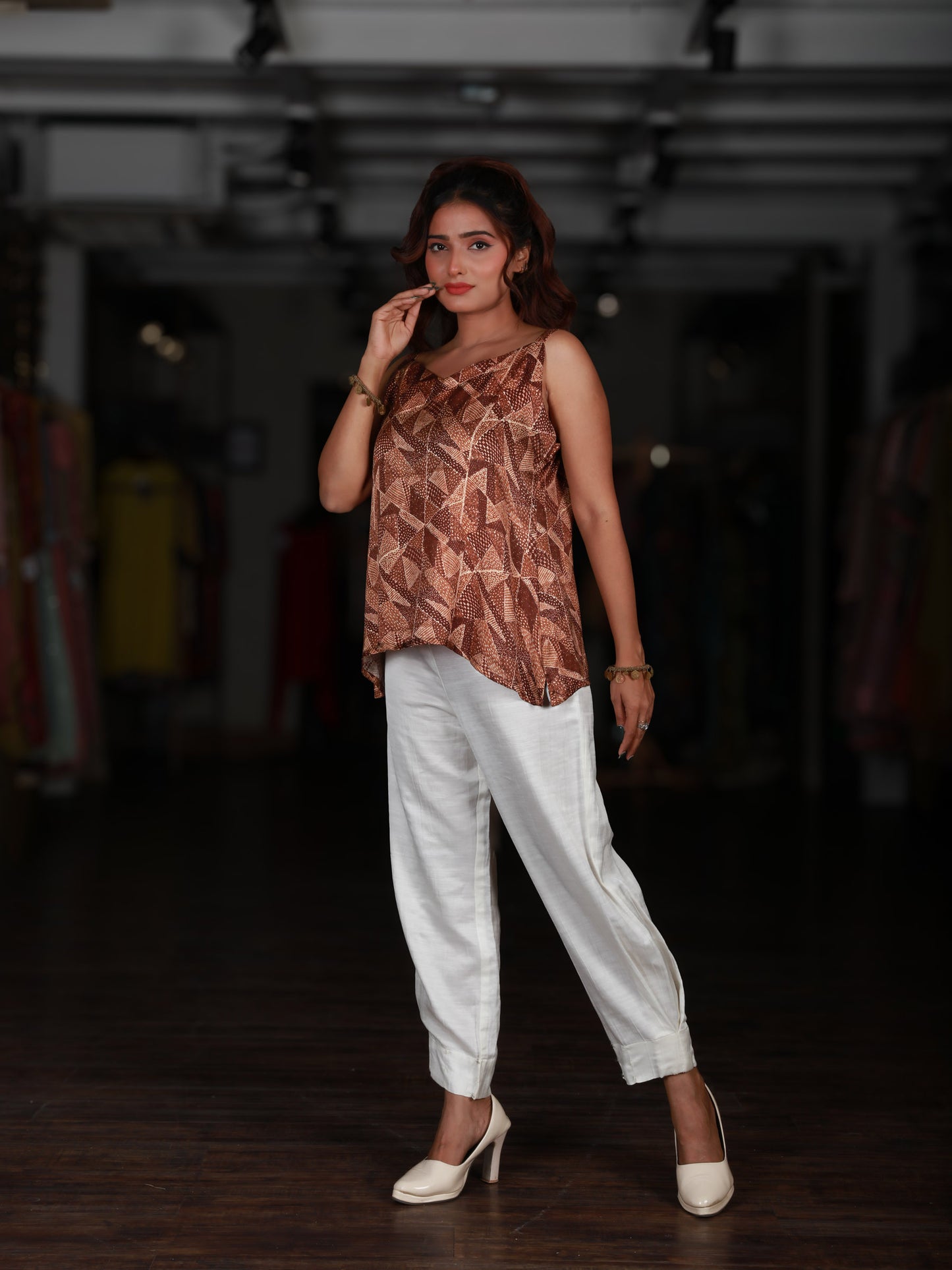 Abstract Geometric Brown Sleeveless Top