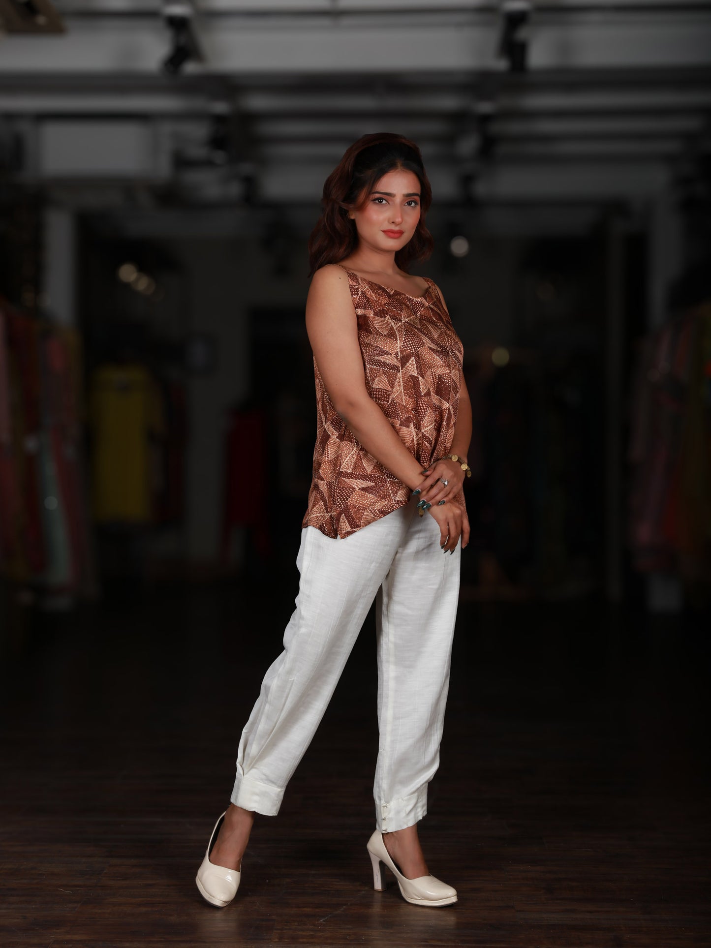 Abstract Geometric Brown Sleeveless Top