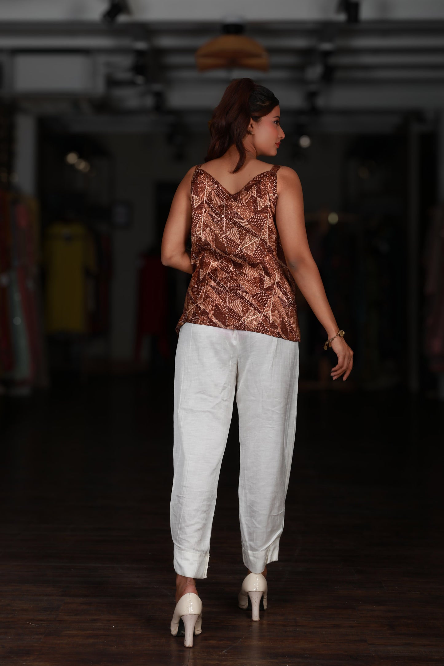Abstract Geometric Brown Sleeveless Top