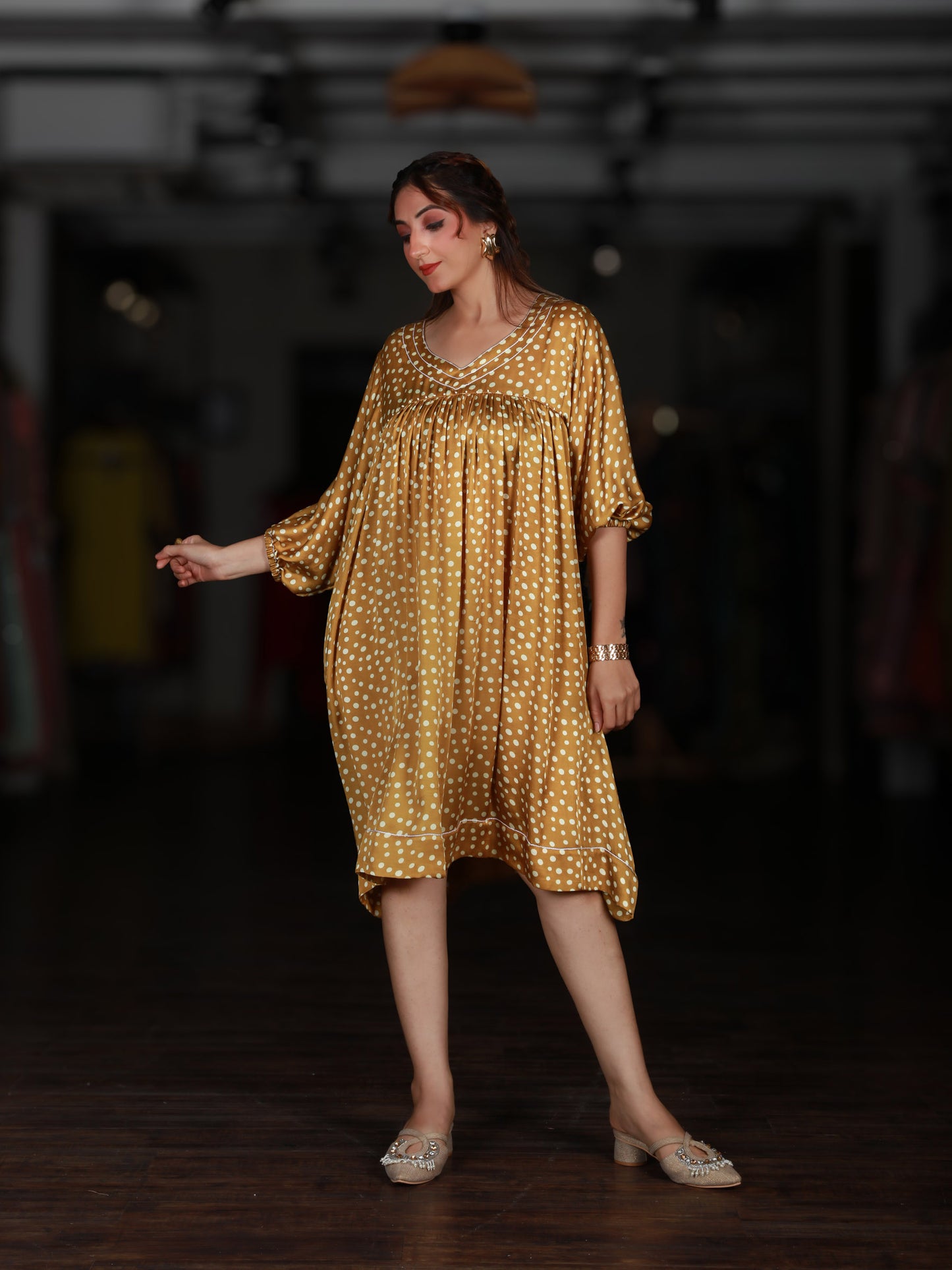 Yellow Polka Dot Gathered Midi Dress