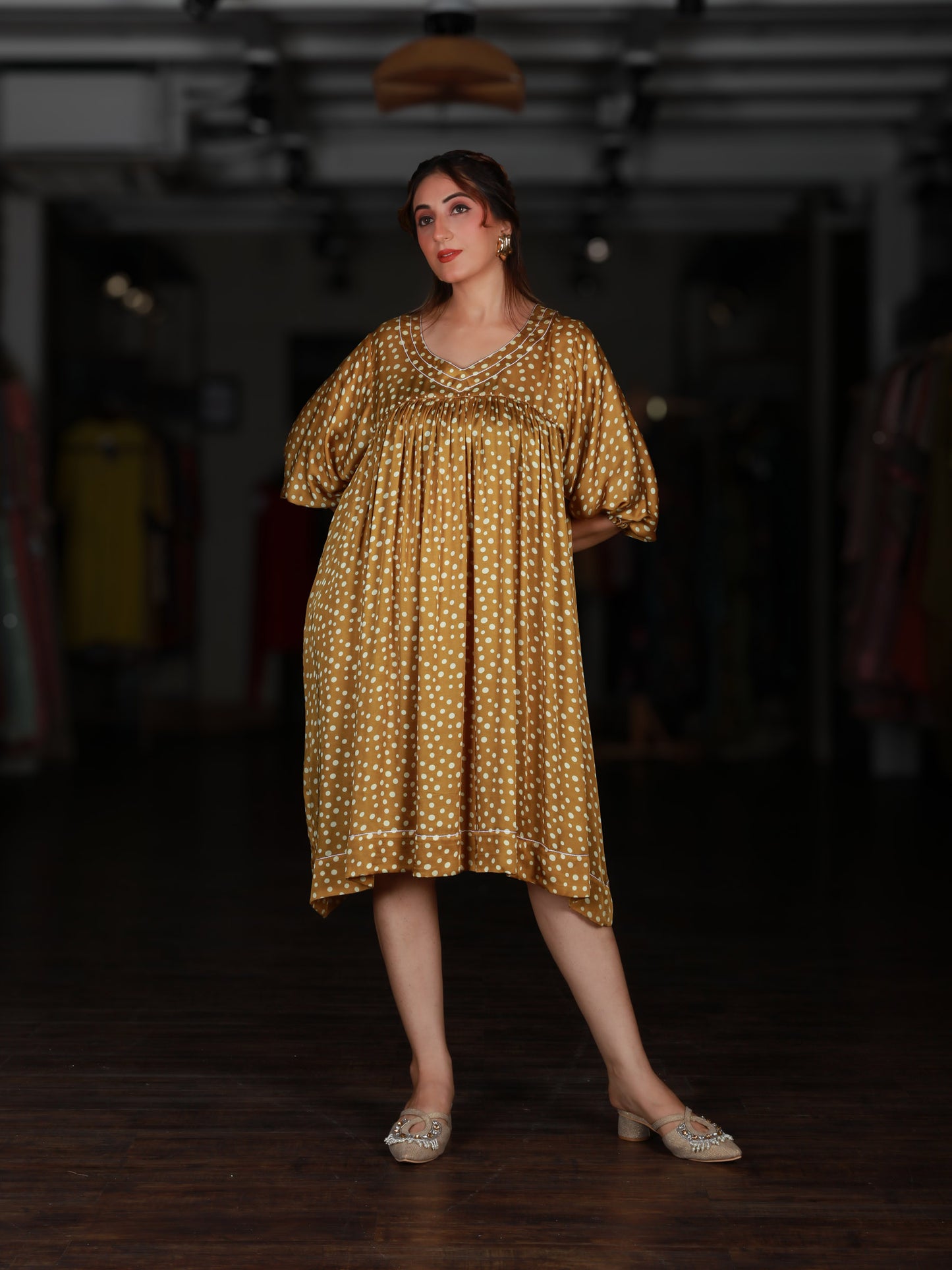 Yellow Polka Dot Gathered Midi Dress