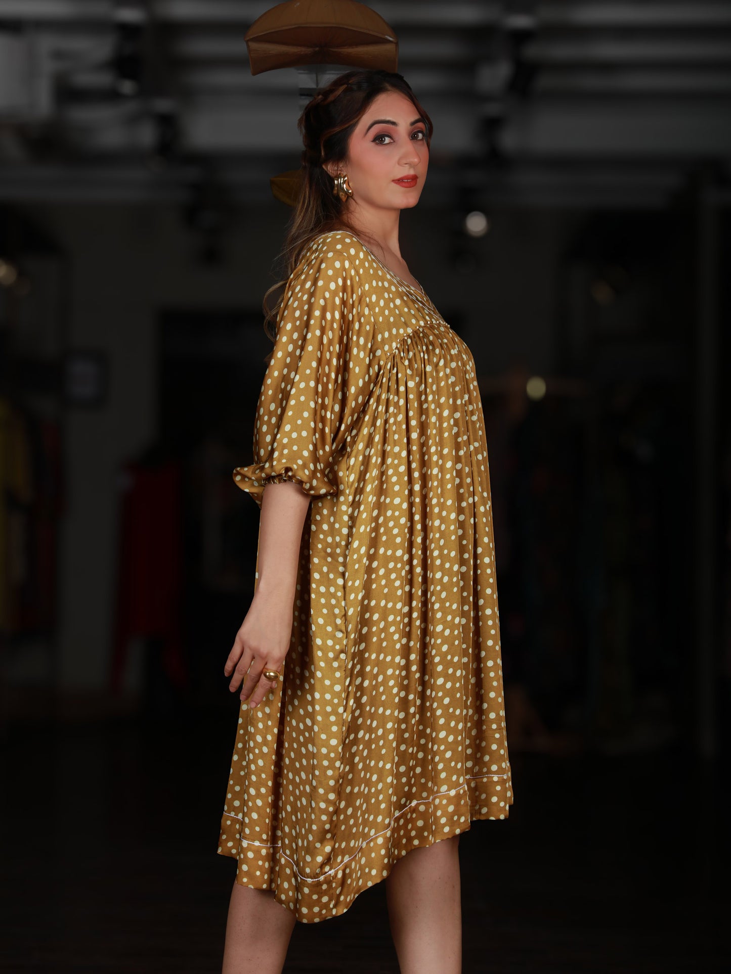 Yellow Polka Dot Gathered Midi Dress
