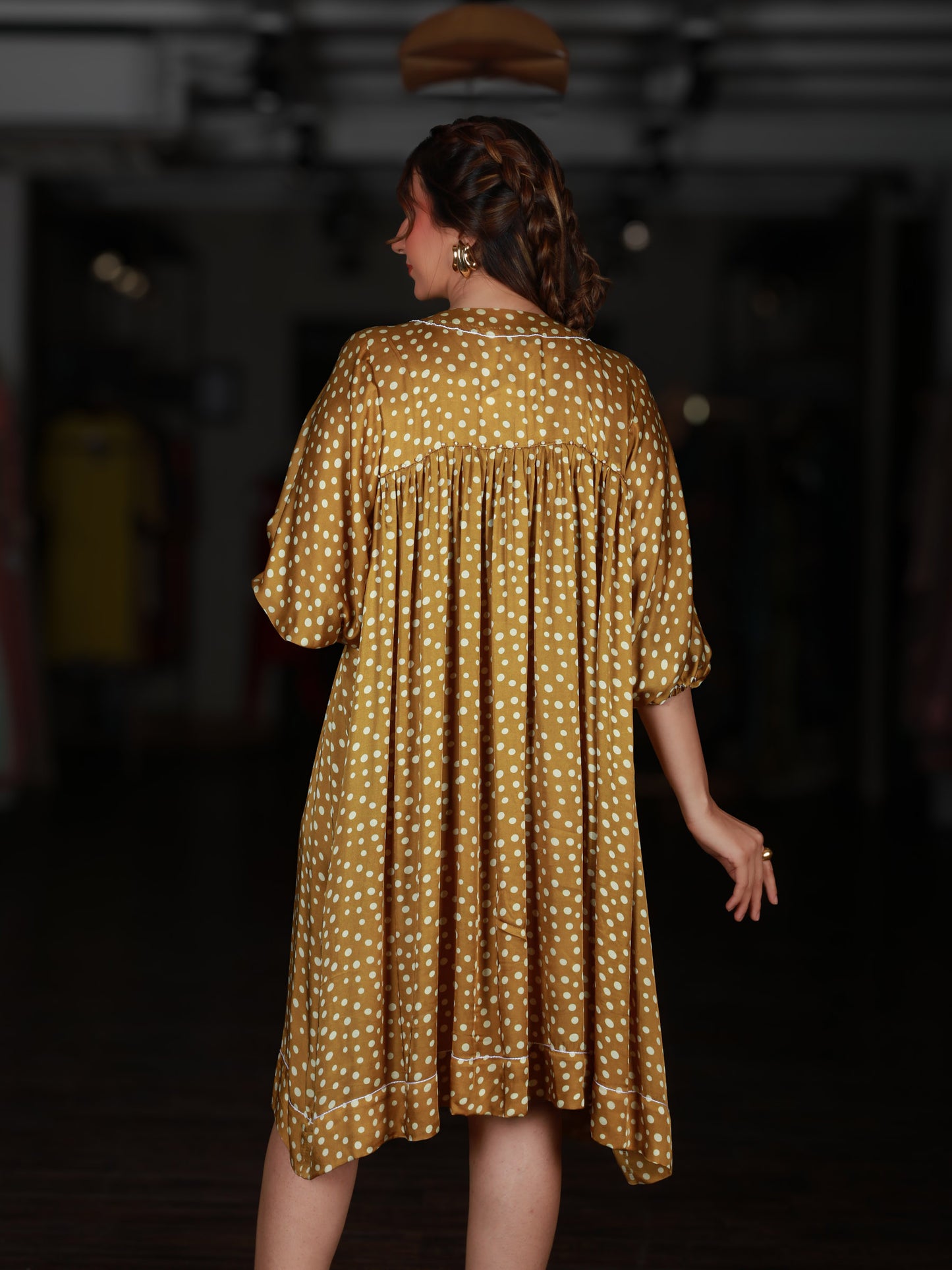 Yellow Polka Dot Gathered Midi Dress