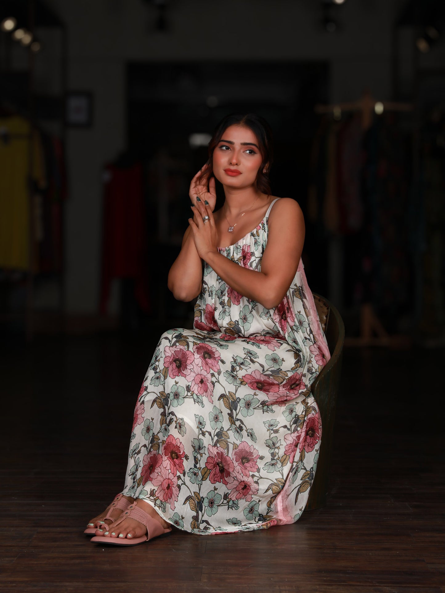 White Floral Strappy Maxi Dress