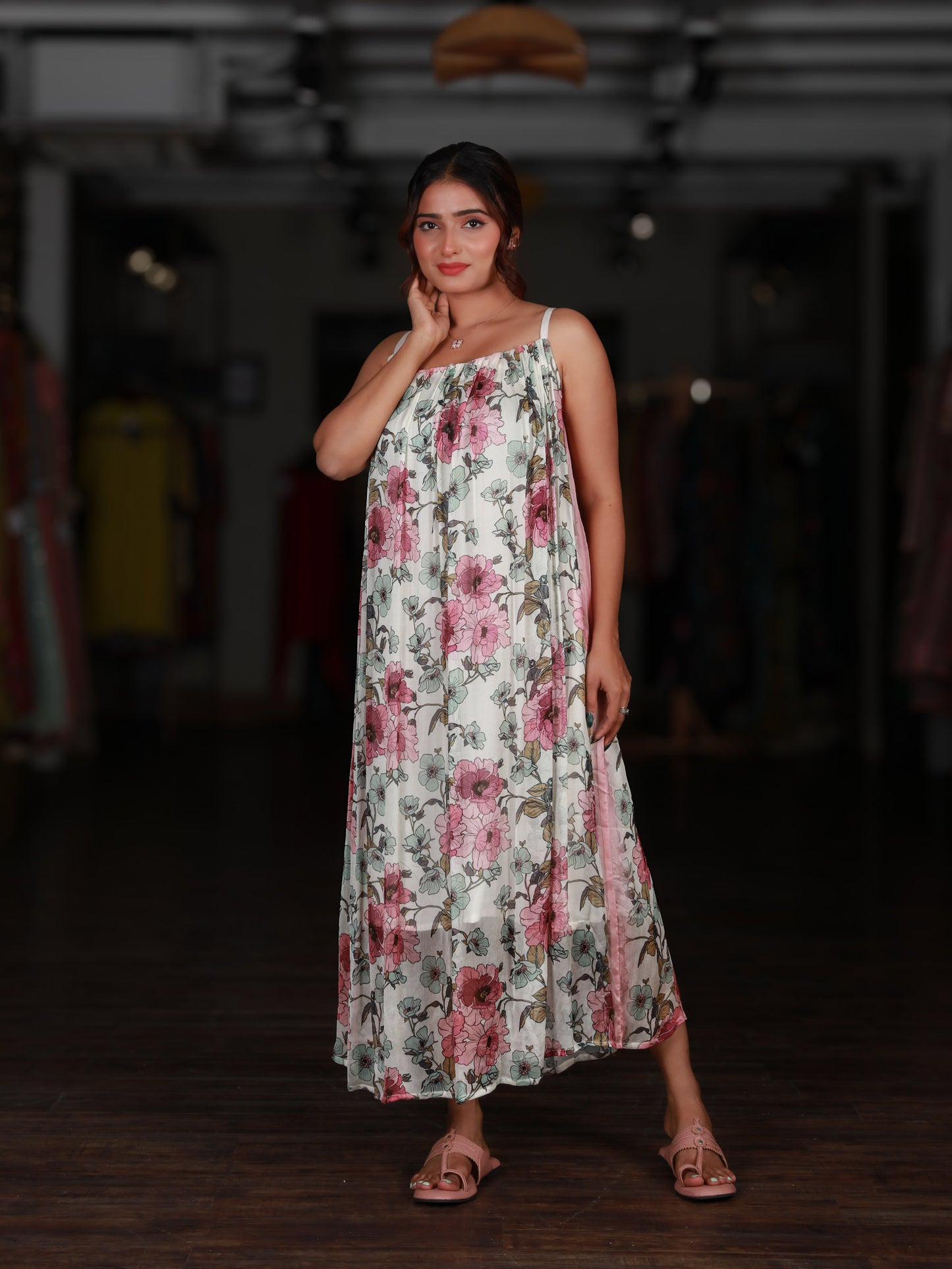 White Floral Strappy Maxi Dress
