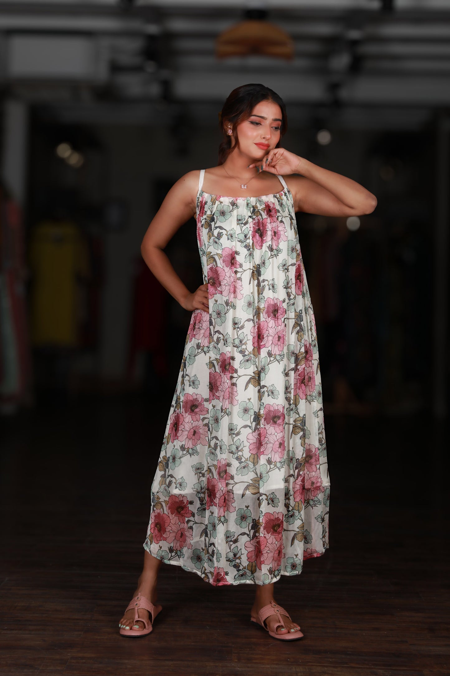 White Floral Strappy Maxi Dress