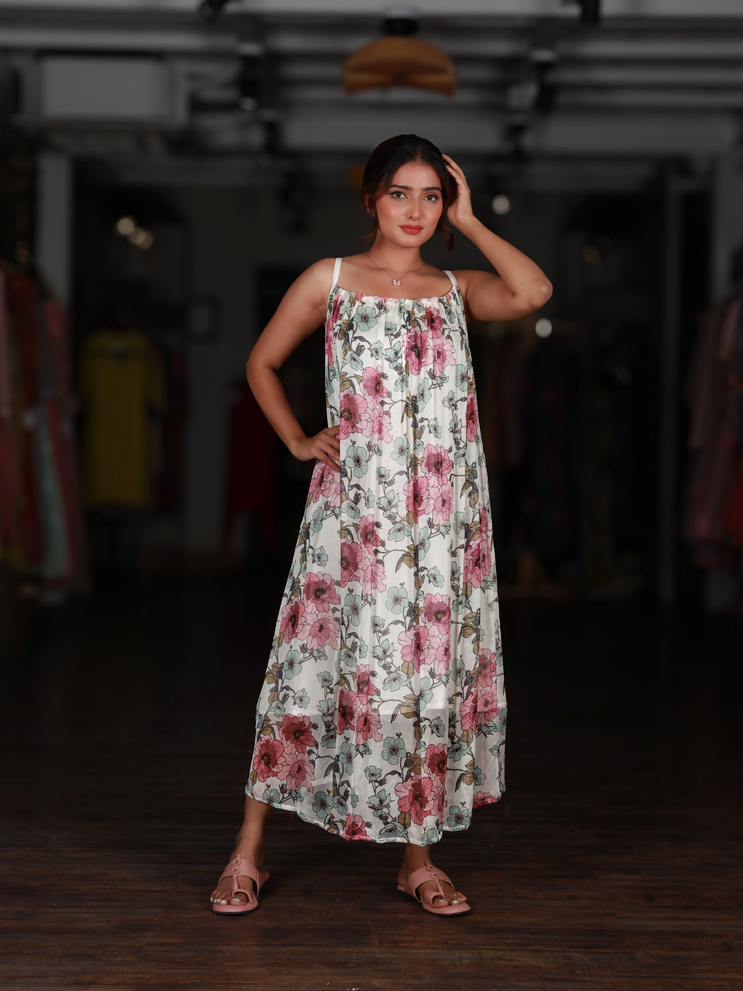 White Floral Strappy Maxi Dress